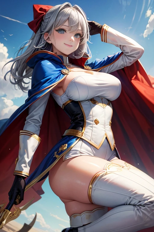 ,colorful,(masterpiece:1,2), best quality, masterpiece, highres, original, extremely detailed wallpaper, 1girl ,smile,solo, grey hair, blue eyes, original_outfits,red cape,white pants, gloves, breasts, uniform, large breasts