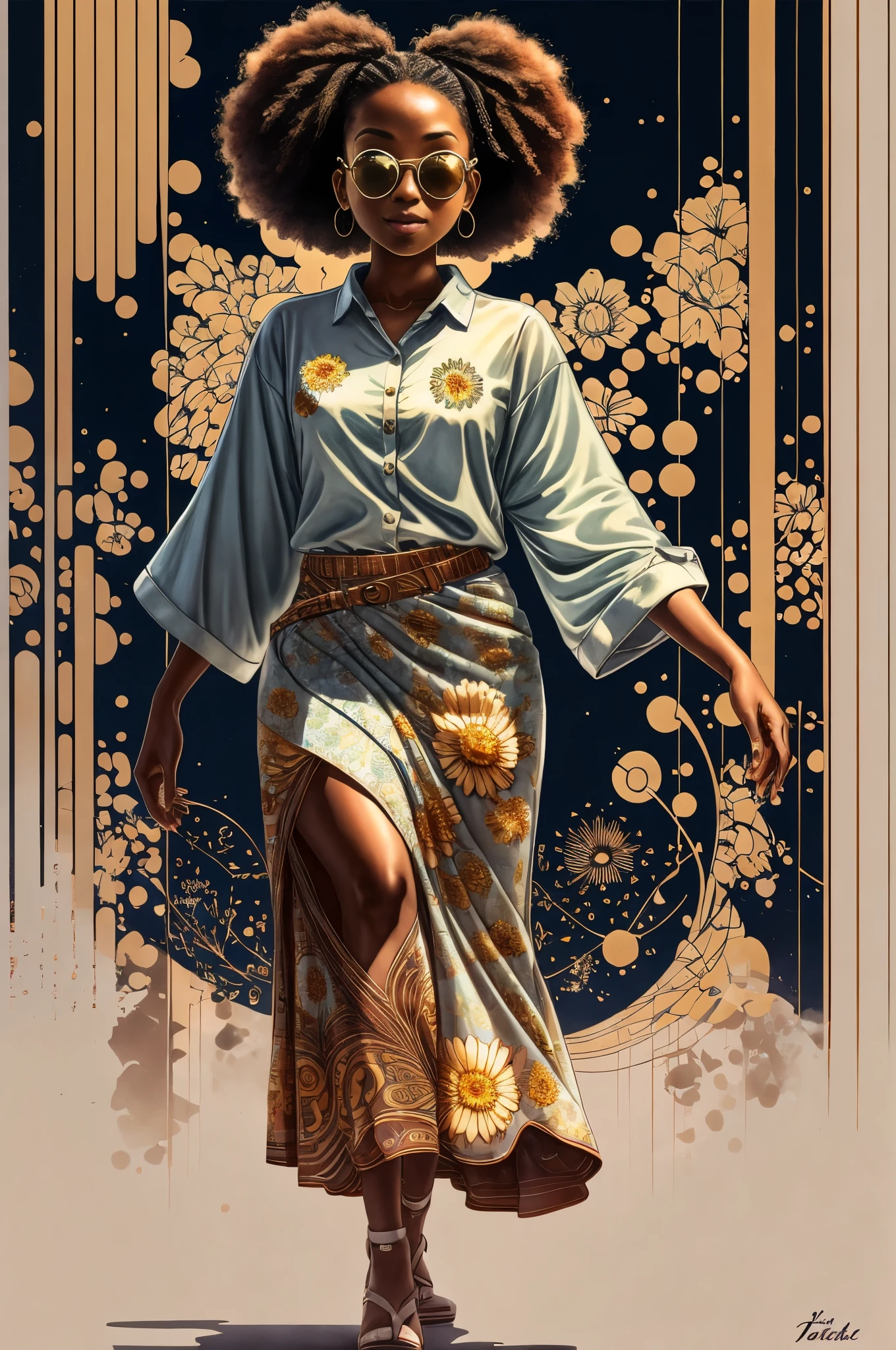 "Full body, water colors, ink drawing, beautiful cyberpunk Sudanese woman, wearing smart digital sunglasses, clean defined delicate features, stylish bohemian top and long skirt, colorful floral background, in the style of Afrofuturism