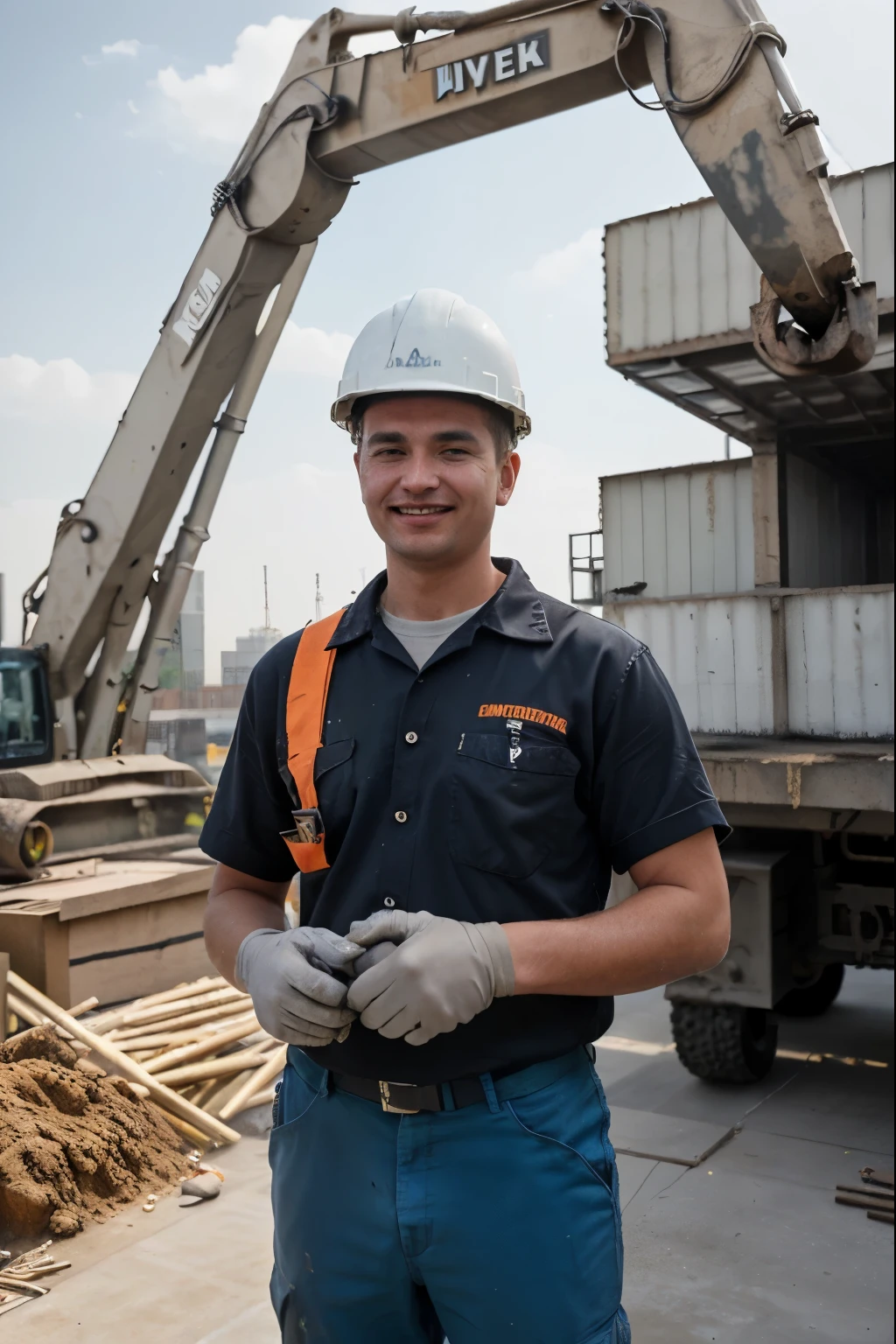 (best quality,4k,8k,highres,masterpiece:1.2),ultra-detailed,(realistic,photorealistic,photo-realistic:1.37),hard-working,sweating,dirty with construction dust,uniform,dark hair,wide smile,bright eyes,(strong,strong-built),safety helmet,blue-collar job,shirt labelled "Slovak Construction",heavy machinery in the background,cranes and excavators,stacks of construction materials,steel beams surrounded by scaffolding,concrete mixer truck pouring cement,(vibrant,energetic) atmosphere,dynamic lighting casting shadows on the worker,blaring construction noises,hot summer day under the bright sun,vivid colors,dramatic contrast between bright blue sky and orange construction equipment,city skyline in the distance,modern urban landscape,hard hat))
The subject of the picture is a wealthy and happy Slovak construction site worker,he is working hard,sweaty,Covered in construction dust。He is wearing uniform,black hair,bright smile and bright eyes,strong body。He is wearing a helmet,Printed on the uniform"Slovak Construction"the words。Heavy machinery in the background,There are tower cranes and excavators,piles of building materials,Steel beam surrounded by scaffolding。Concrete mixer truck is pouring cement。The atmosphere is vibrant,Energetic。dynamic lights cast shadows on workers,Noisy construction noise。It's a hot summer day,sunny,lifelike colors,Bright blue skies contrast with orange construction equipment。In the distance is the city skyline,modern cityscape。worker wearing safety helmet。