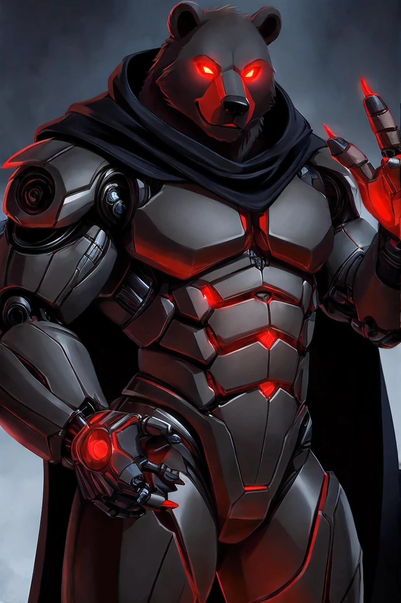 (character) Anthro cyborg black bear with mostly mechanical body (excluding head) and red glowing eyes, bulky build, wearing black silky cape with red accents, holding out hand with open palm, looking at viewer.