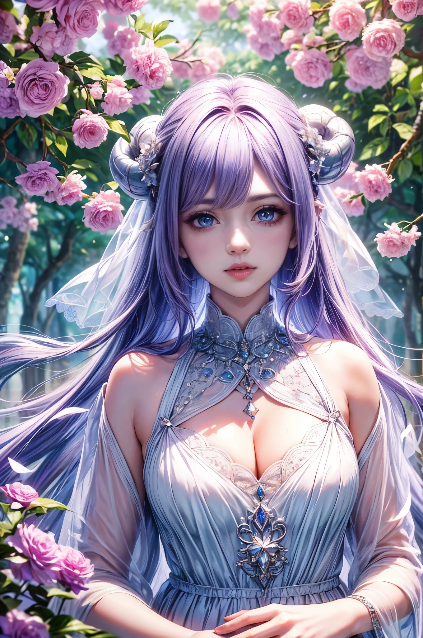 (best quality,4k,highres,masterpiece:1.2),ultra-detailed,realistic,hair:long white,eyes:purple,personification,unicorn,girl,beautiful detailed eyes,detailed lips,feminine,soft expression,fair skin,purple irises,horn,flowing mane,angelic appearance,ethereal,white dress,sparkling crystals,enchanting garden scene,lush greenery,colorful flowers,sunlight filtering through trees,soft bokeh effect,majestic presence,magical atmosphere