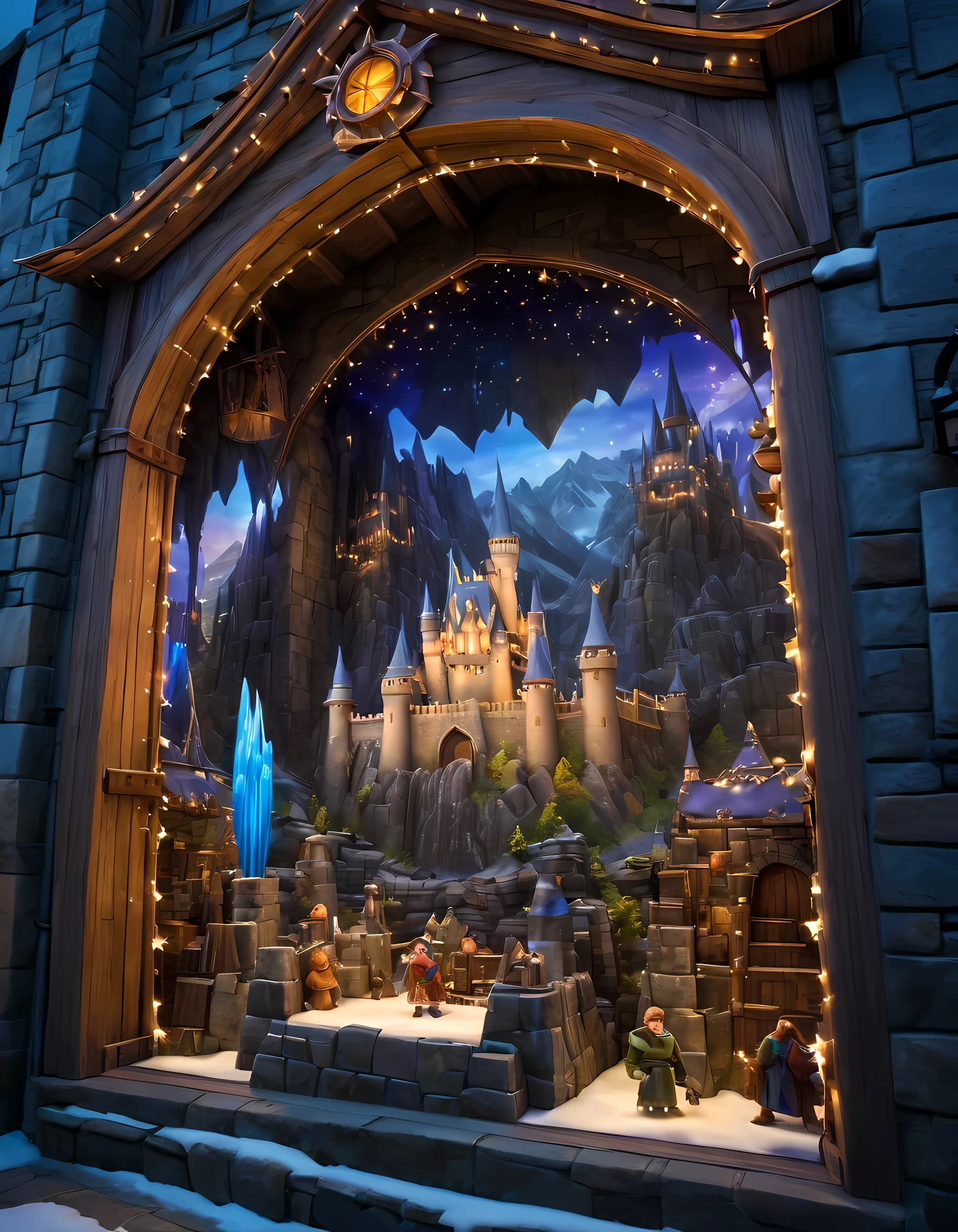 Photography of an awe-inspiring game store window display, showcasing a larger-than-life scene from a fantasy video game. The display features towering medieval castles, mystical creatures, and epic battles frozen in time. Elaborate props and lifelike statues bring the scene to life, with intricate details and vibrant colors captivating passersby. The lighting strategically placed to accentuate the dramatic elements of the display, creating a sense of immersion and wonder. This wide-angle shot captures the grandeur and intricacy of the design, transporting viewers into a world of gaming fantasy,pixar style