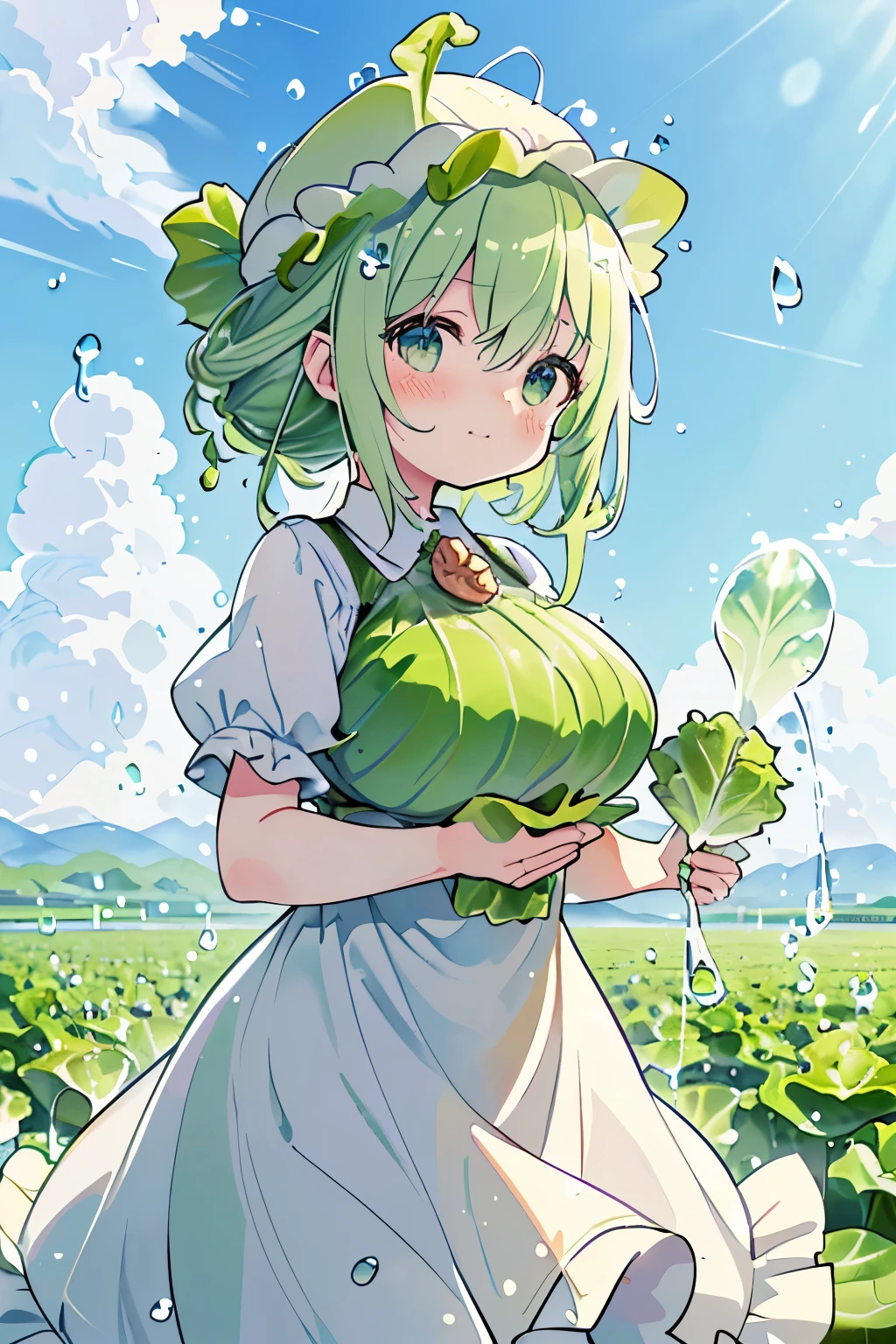 (lettuce field),(lettuce-shaped hat on the head:1.2),(lettuce fairy:1.2),blush,Chibi,cute,girl,happy look,(Clear sky without a single cloud:1.3),(lots of large water droplets:1.3),(protruding breasts:1.3),(big breasts:1.25),(NSFW:1.0),(dress with lots of lettuce:1.3),(Lettuce grows out of its head like an antenna:1.5),