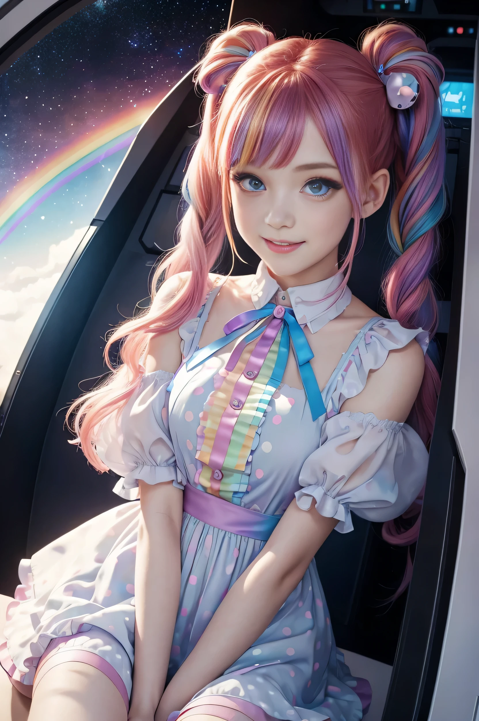 Cute redhead with rainbow colored hair tips, ribbons in her hair, 18-year-old woman, happy, smiling, in twin tails, perfect eyes, clear sparkling blue eyes, pale skin, silky smooth skin, flying a fancy metal luxurious space ship, futuristic cockpit, she's a pilot, dark warm lighting, wearing a futuristic party dress, pleated (chemise) mini dress (pastel rainbow colors, and polka dots), puffy sleeves, silk, wearing full body pantyhose, cute short cut booties.