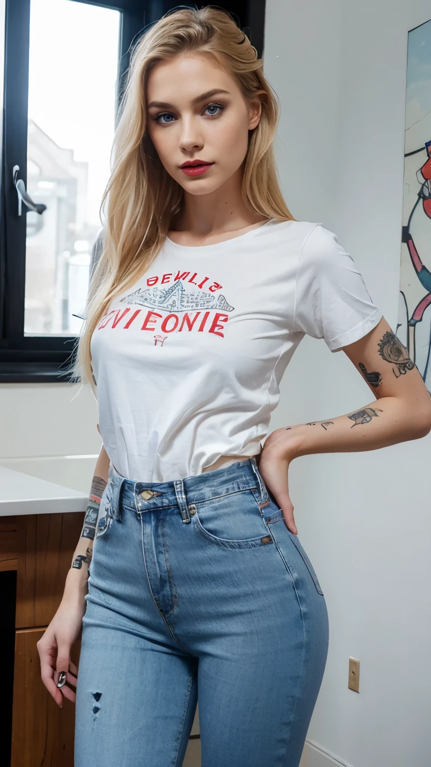 Beautiful skinny girl, elongated face and thin chin, freckles, blonde, blue eyes, red lipstick, beautiful makeup, white skin,shapely breasts, tattoo written on the forearm, beautiful patterned t-shirt, jeans pants , sexy style