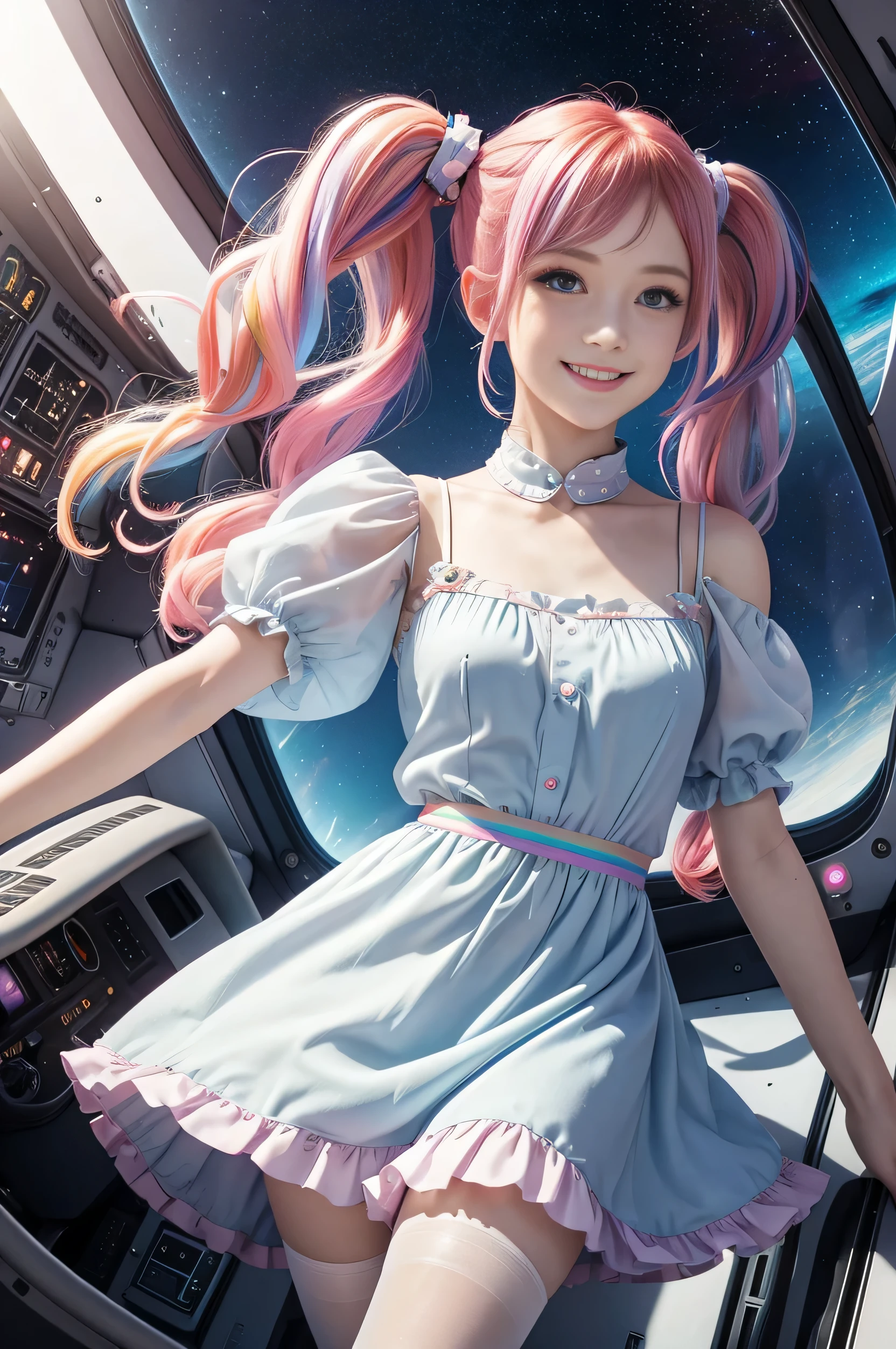 Cute redhead with rainbow colored hair tips, ribbons in her hair, 18-year-old woman, happy, smiling, in twin tails, perfect eyes, clear sparkling blue eyes, pale skin, silky smooth skin, flying a fancy metal luxurious space ship, futuristic cockpit, she's a pilot, dark warm lighting, wearing a futuristic party dress, pleated (chemise) mini dress (pastel rainbow colors, and polka dots), puffy sleeves, silk, wearing full body pantyhose, cute short cut booties.