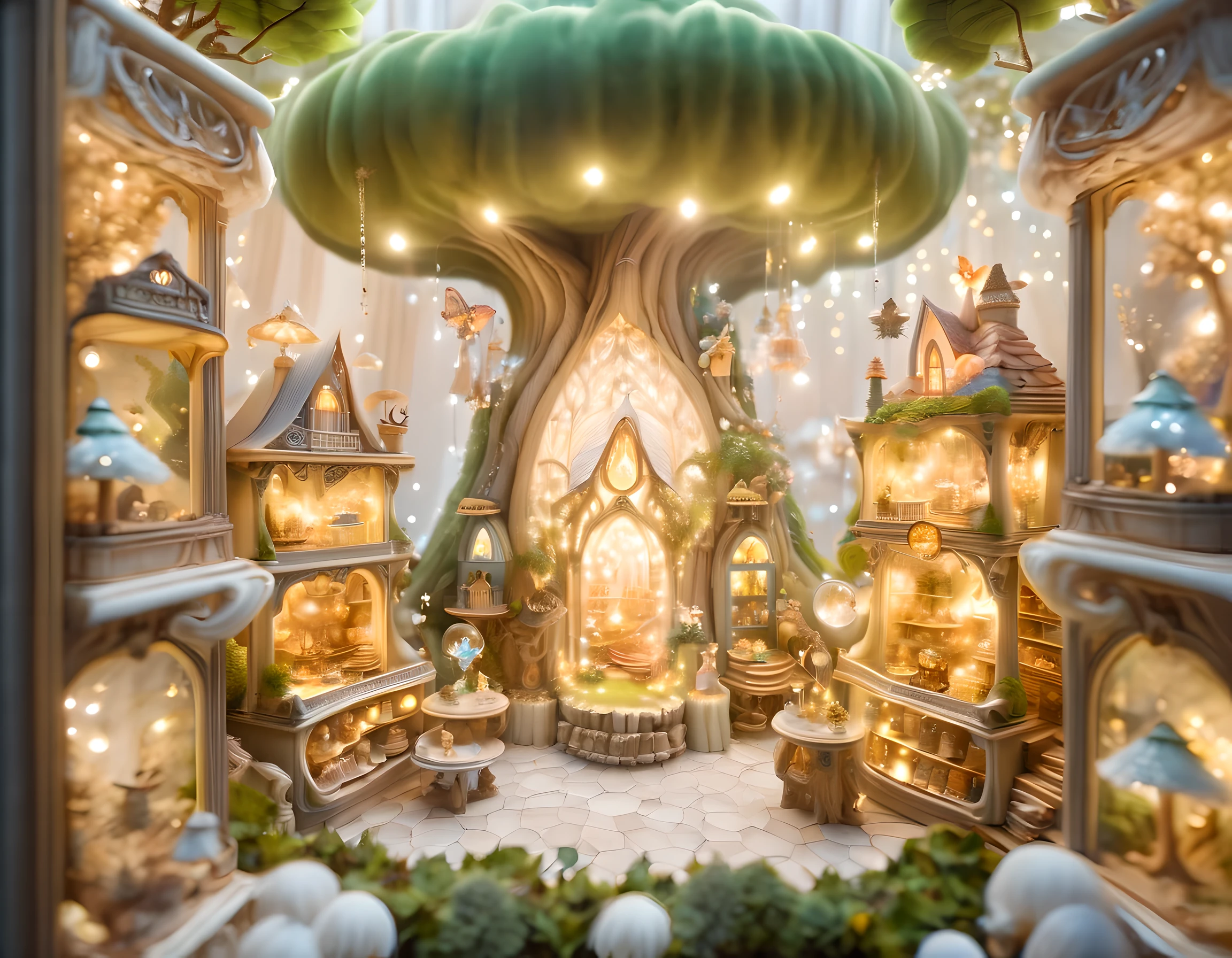 Photography of a jaw-dropping game store window display, featuring a whimsical and enchanting world inspired by fairy tales and magical creatures. The display showcases a mystical forest, with towering trees, sparkling waterfalls, and hidden fairy dwellings. Delicate props and intricate miniatures create a sense of wonder and whimsy. Soft, ethereal lighting enhances the enchanting atmosphere, casting a warm glow on the scene. This close-up shot captures the intricate details and magical ambiance of the display, captivating viewers and inviting them to explore a world of gaming enchantment. The photograph, with its dreamlike composition and soft colors, evokes a sense of childlike wonder