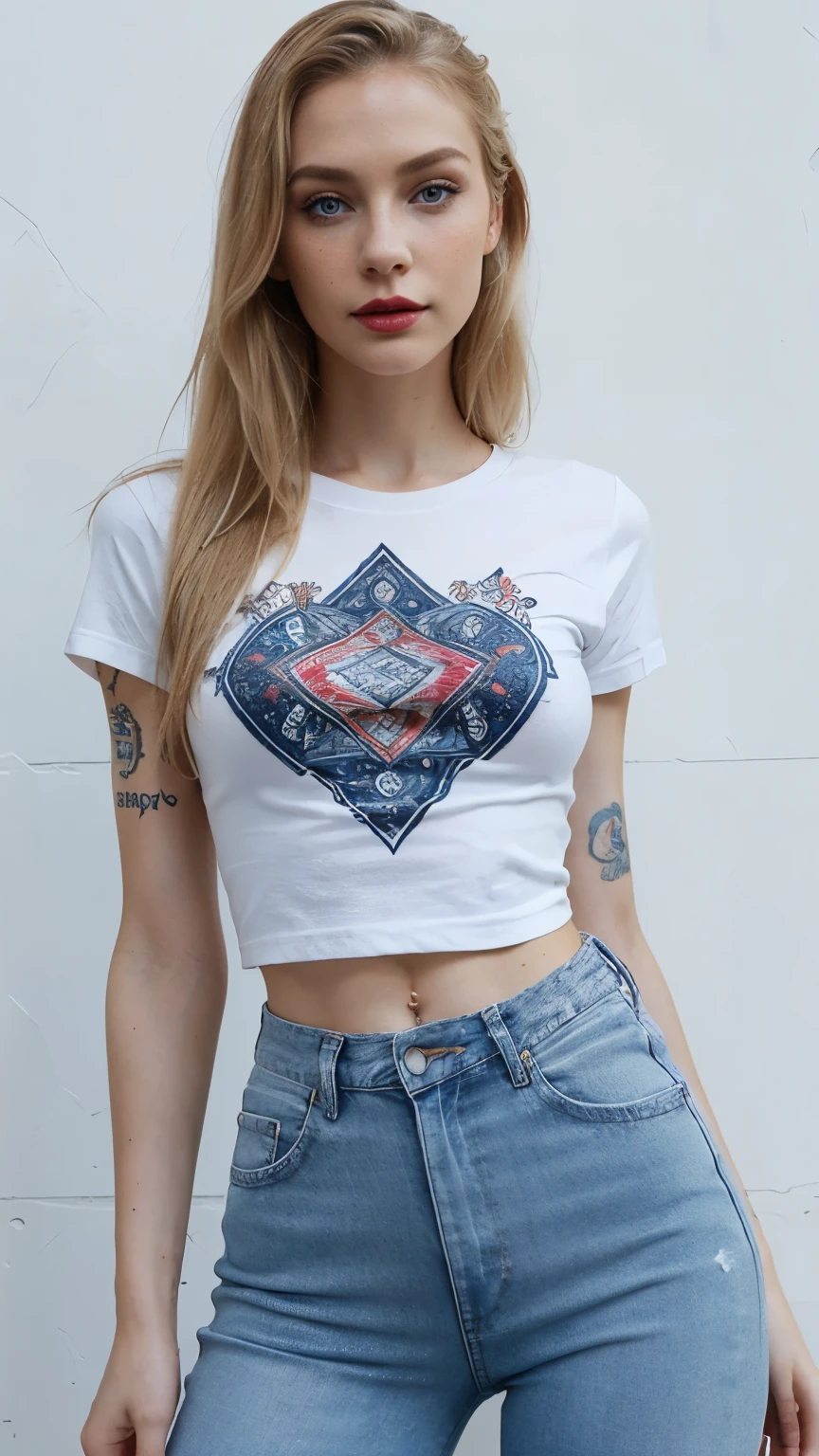 Beautiful skinny girl, elongated face and thin chin, freckles, blonde, blue eyes, red lipstick, beautiful makeup, white skin, tattoo written on the forearm, beautiful patterned top, denim shorts, white cotton shoes, in street