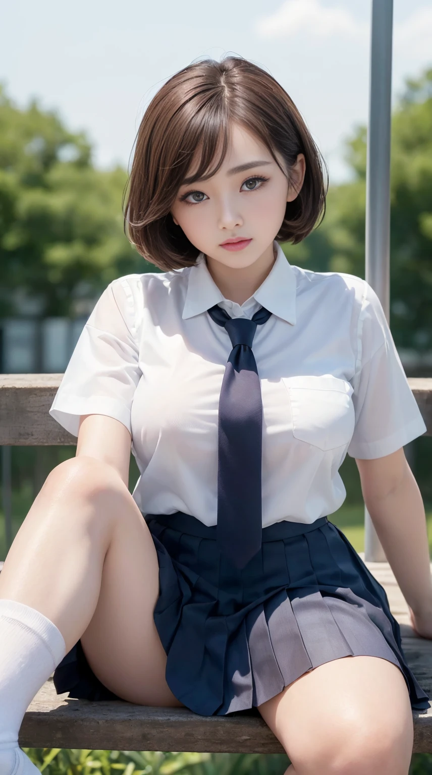 (close up:1.4)、(original photography:1.2)、(Realism:1.4)、(Masterpiece:1.3)、(quality:1.4)、(Beautiful woman with perfect body:1.4)、solo、7 heads and bodies、(cute face)、(kawaii:1.2)、(full-body shot)、(shooting:1.3)、(spread legs apart:1.3)、Beauty defines the sky、night、wet、looking at the audience、(sit on it:1.5)、a smile、plump big breasteautiful and delicate eyes)、(Charming big eyes and beautiful double eyelideautiful and detailed face)、(short hair:1.1)、(brown hair)、(perfect anatomy:1.2)、(tie、pleated skirt、school uniform、White、White shirt、low cost、sock:1.3)、background blur、outdoor、Fight through the sky Xiao Wu