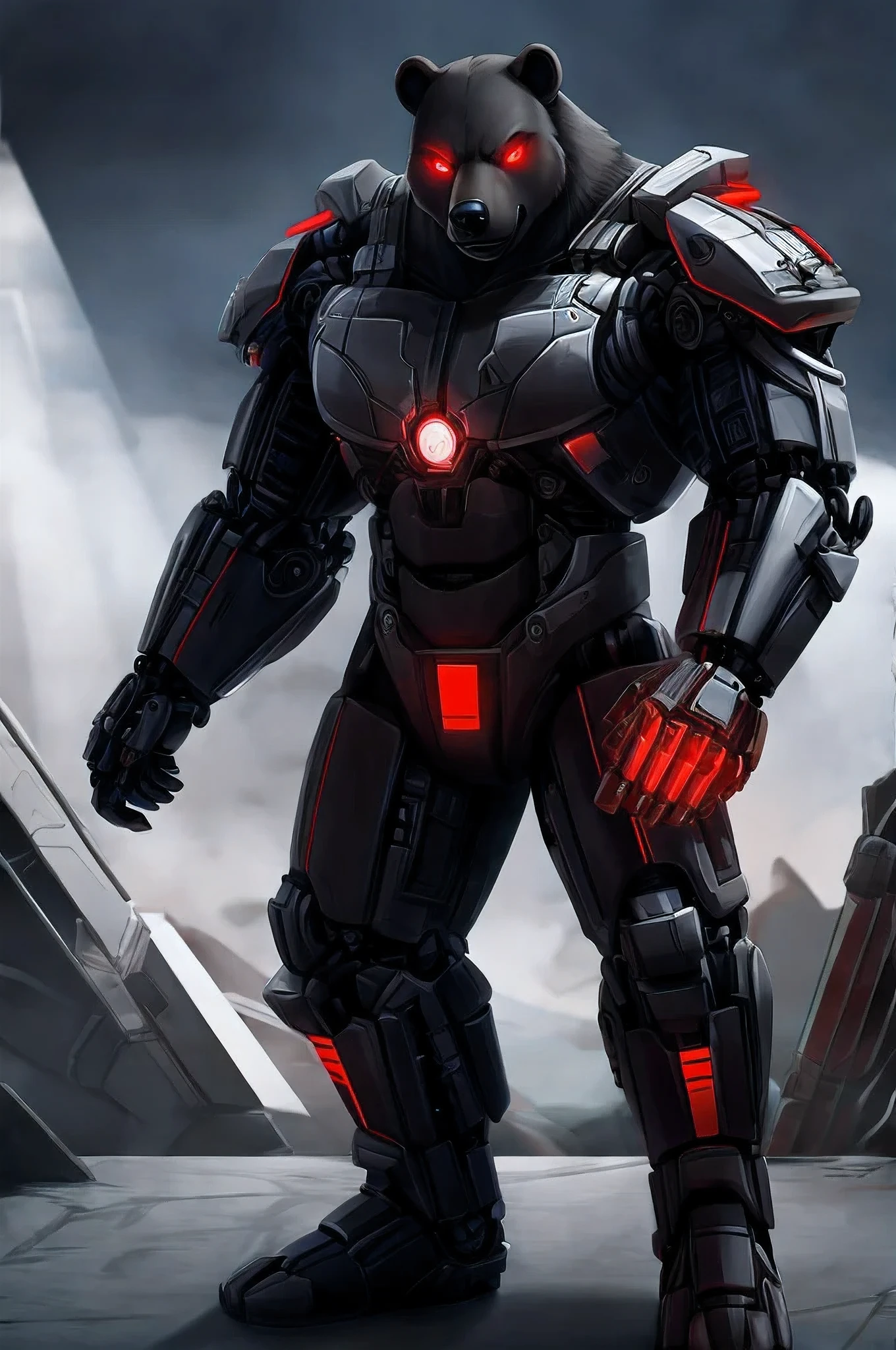 (character) Anthro cyborg black bear with mostly mechanical body (excluding head) with metal faceplates and red glowing eyes, battle ready stance.