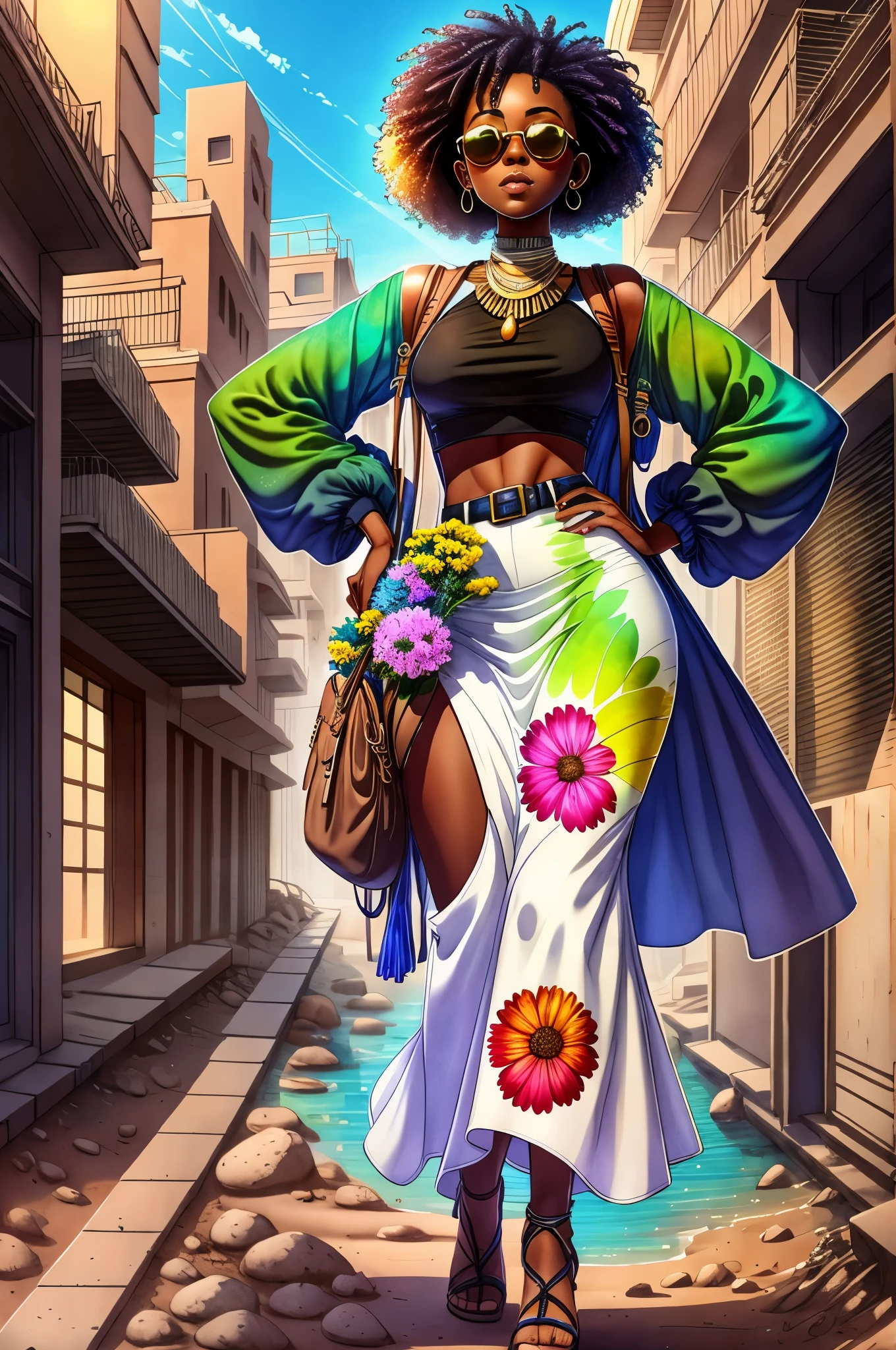 "Full body, water colors, ink drawing, beautiful cyberpunk Sudanese woman, wearing smart digital sunglasses, clean defined delicate features, stylish bohemian top and long skirt, colorful floral background, in the style of Afrofuturism
