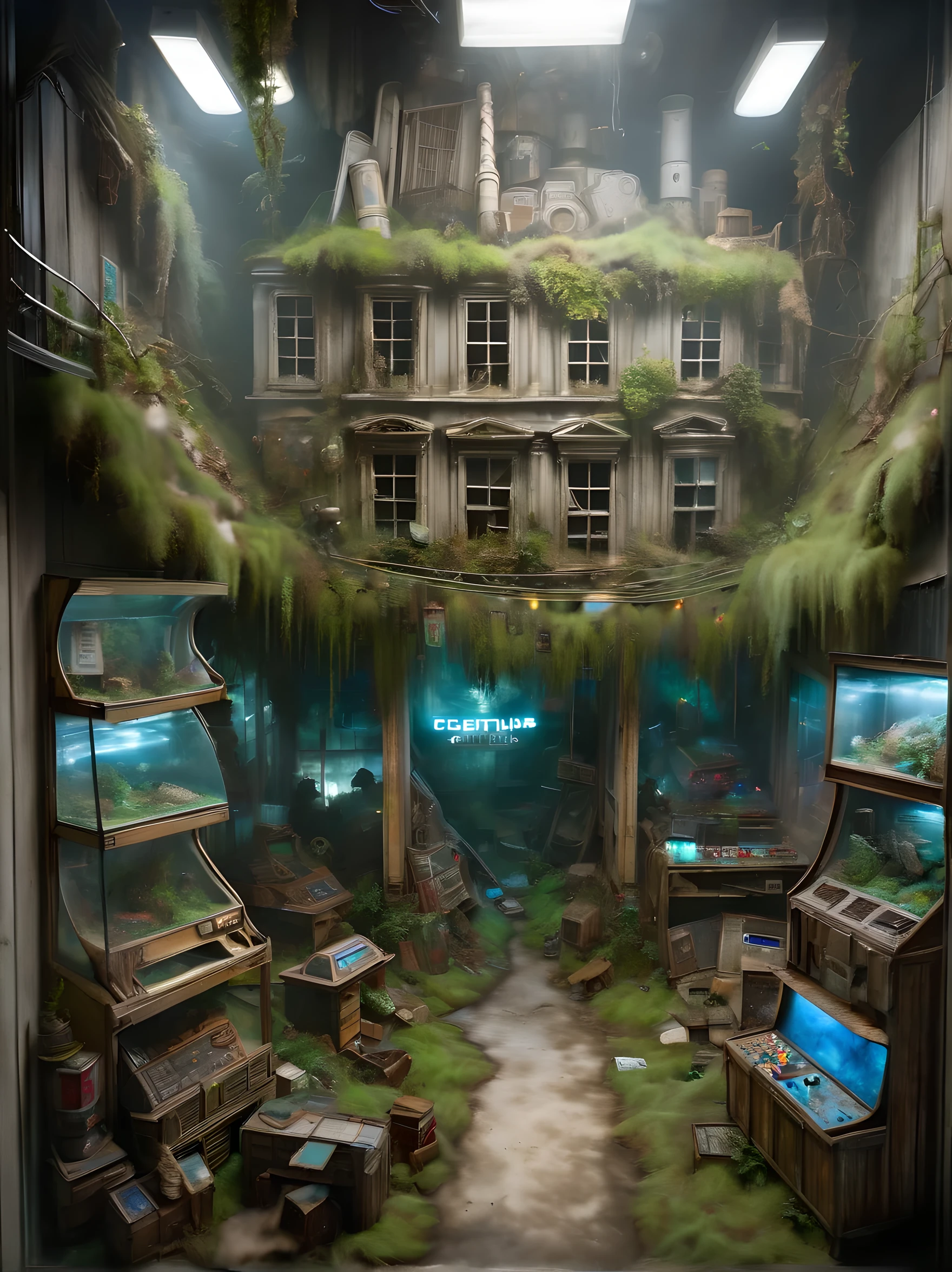 Photography of an extraordinary game store window display, featuring a post-apocalyptic world brought to life. The display showcases a desolate landscape, with crumbling buildings, overgrown vegetation, and remnants of a bygone civilization. Intricate dioramas and realistic props create a sense of realism and immersion. The lighting  dim and eerie, casting long shadows, and highlighting the decay and destruction of the scene. This high-angle shot captures the gritty and dystopian atmosphere of the display, evoking a sense of mystery and intrigue. The photograph, with its atmospheric composition and muted colors, transports viewers to a world of gaming survival