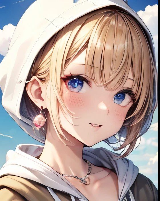 absurd, Super detailed,Bright colors, (nude hoodie:1.4),Extremely beautiful and detailed anime faces and eyes, view straight on, ;D, shining_skin,25 years old, short hair, , asymmetrical bangs, 金发双马尾short hair, shinin发, Exquisite and beautiful face, red blush、blue eyes, White skin, hairpin, earrings, A necklace, Beautiful clouds, Dusk sky,