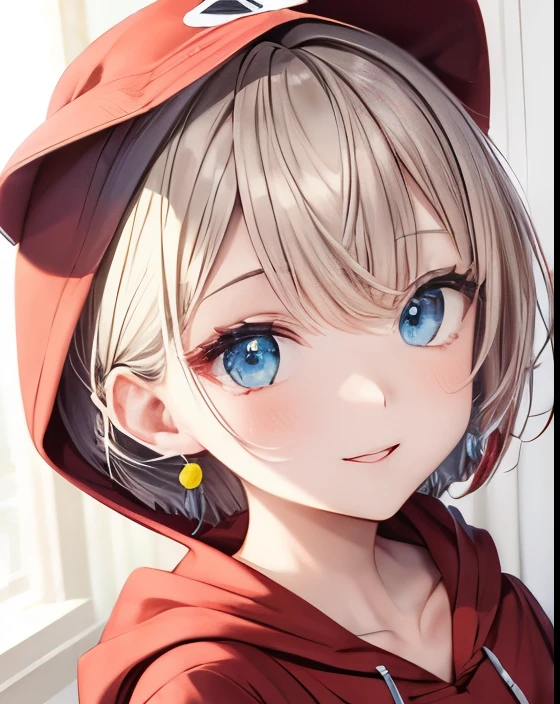 absurd, Super detailed,Bright colors, (nude hoodie:1.4),Extremely beautiful and detailed anime faces and eyes, view straight on, ;D, shining_skin,25 years old, short hair, , asymmetrical bangs, 金发双马尾short hair, shinin发, Exquisite and beautiful face, red blush、blue eyes, White skin, hairpin, earrings, A necklace, Beautiful clouds, Dusk sky,