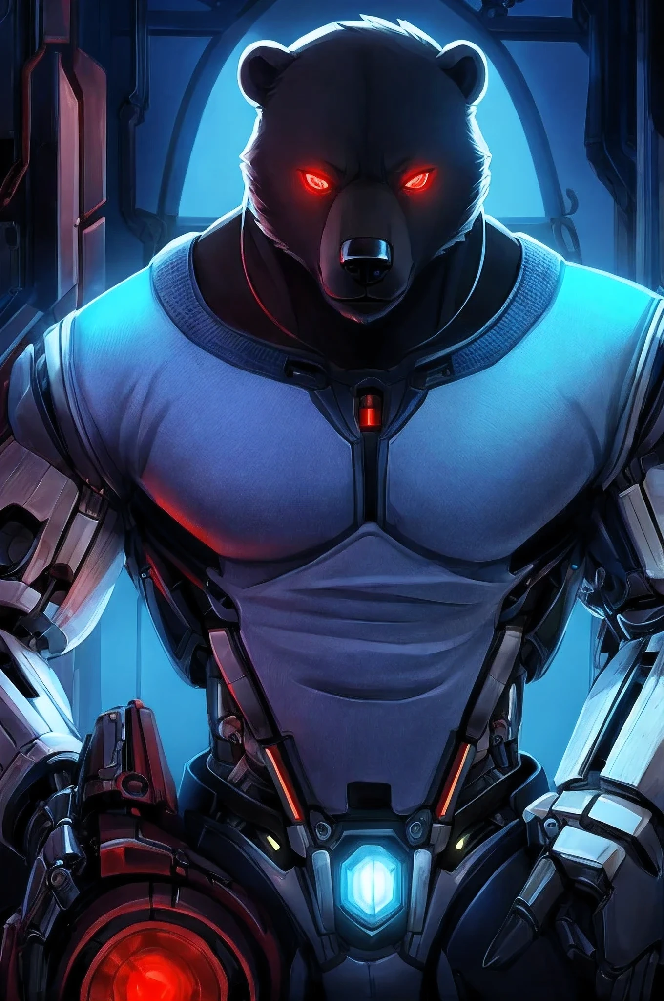 (character) Anthro cyborg black bear with mostly mechanical body (excluding head) with metal faceplates and red glowing eyes, staring intently at (character) organic anthro polar bear wearing light blue jumper.