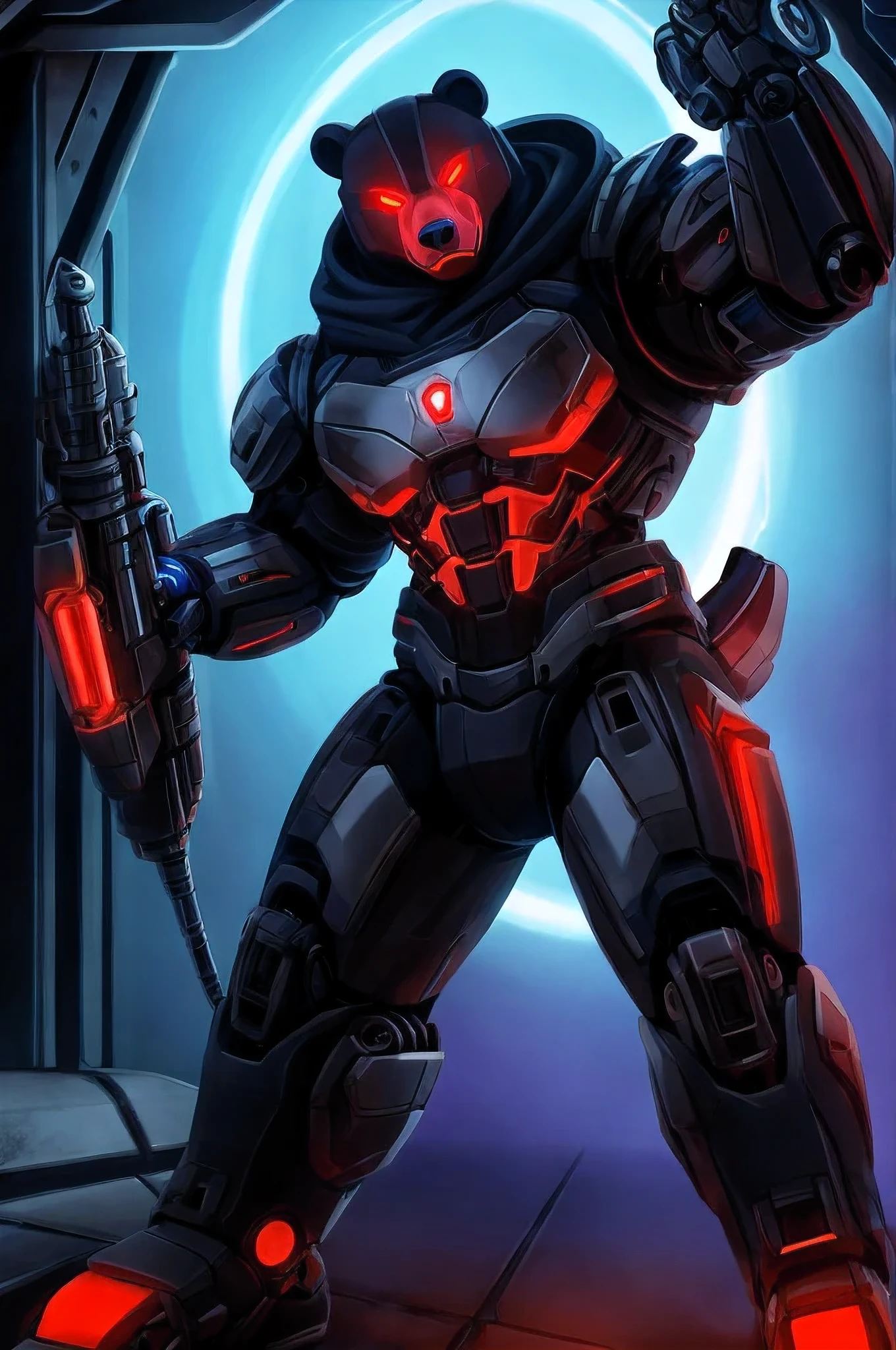 (character) Anthro cyborg black bear with mostly mechanical body (excluding head) with metal faceplates and red glowing eyes, battle ready stance, plasma arm cannon.