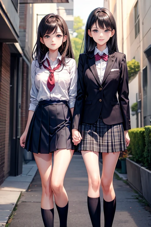 Romance students, two girls students in school uniform, lesbian couple, tall and thin, beautiful, alumnaxalumna, classmates