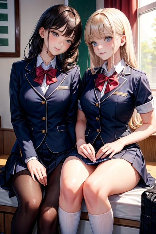 Romance students, two girls students in school uniform, lesbian couple, tall and thin, beautiful, alumnaxalumna, classmates