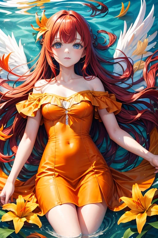 girl underwater, long red flowing hair, angel wings, orange yellow and white lily flowers