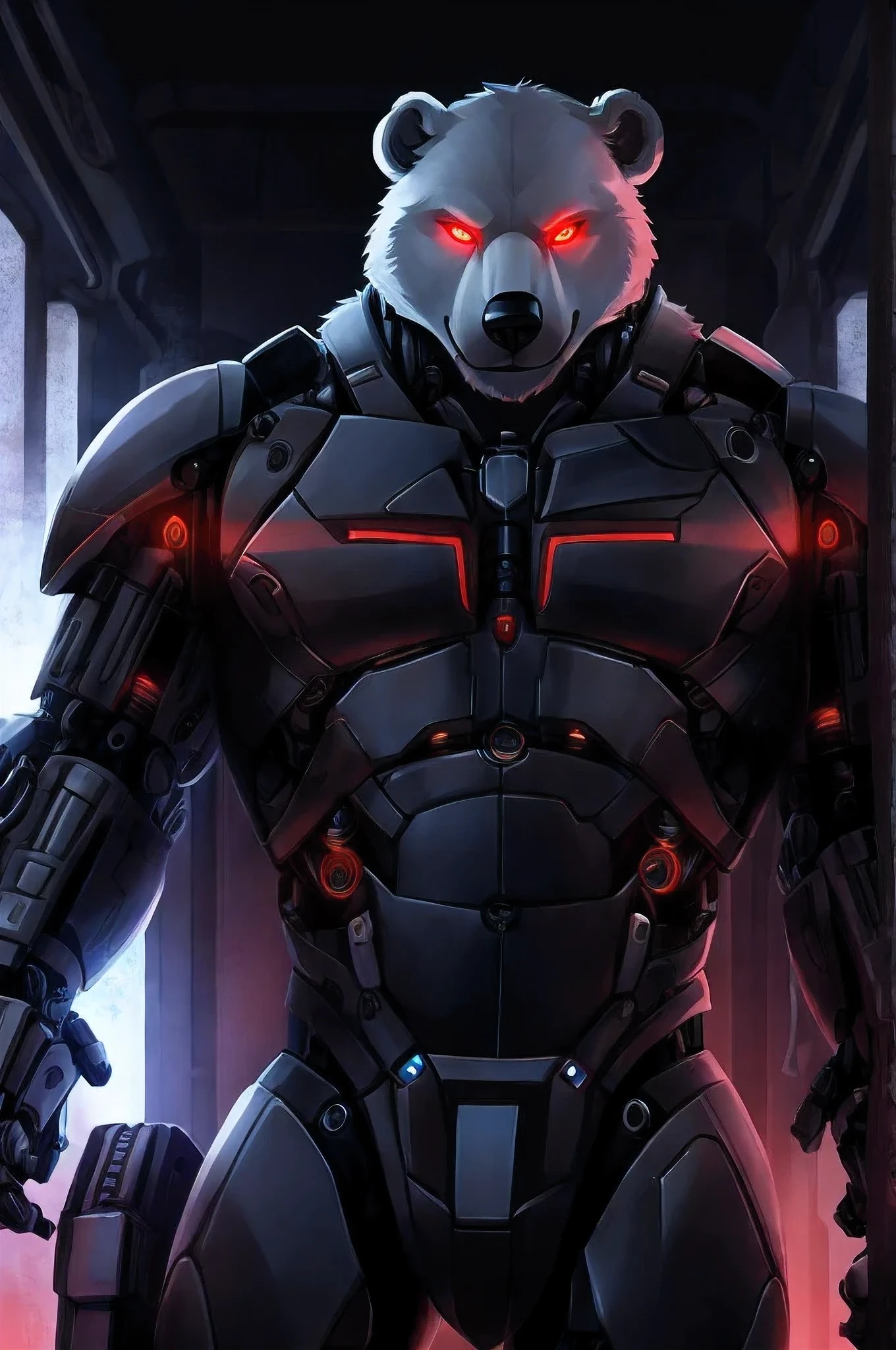 (character) Anthro cyborg black bear with mostly mechanical body (excluding head) with metal faceplates and red glowing eyes, staring at organic anthro polar bear intently.