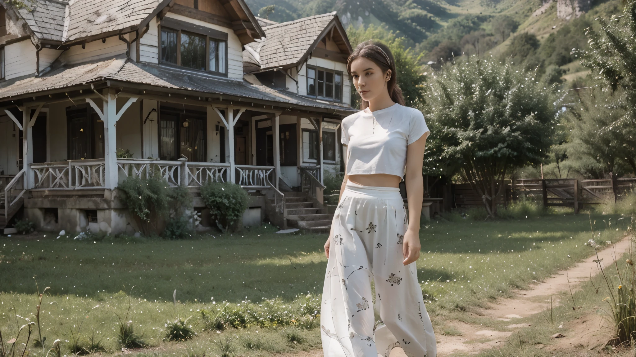 a girl in the field with old house, green forest,she wearing acmm top, white acmm top, short sleeves, wearing acmm long skirt, blue acmm long skirt, printed skirt, a blue sky, mountains background
