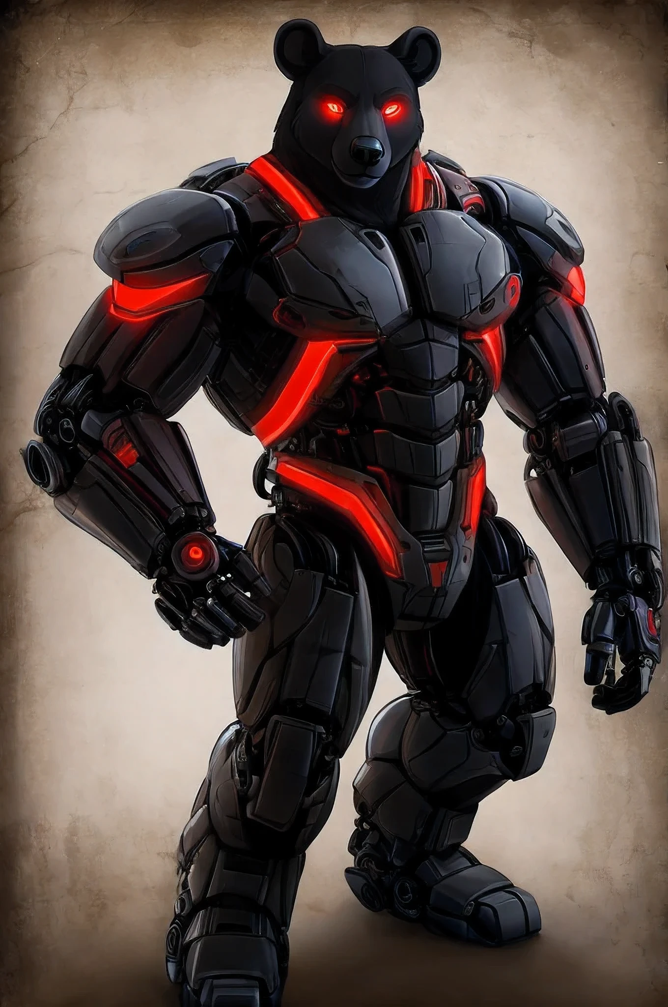 (character) Anthro cyborg black bear with mostly mechanical body, organic head with faceplates and red glowing eyes.