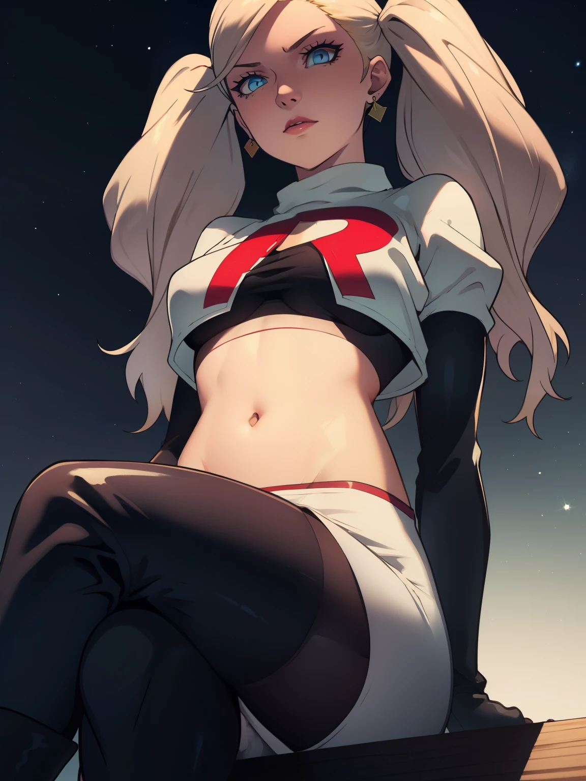 AnnTak, twintails, blue eyes, blonde hair  ,earrings ,lipstick, eye shadow ,team rocket uniform, red letter R, white skirt,white crop top,black thigh-high boots, black elbow gloves, evil villianess look, looking down on viewer, sitting ,crossed legged, night sky background