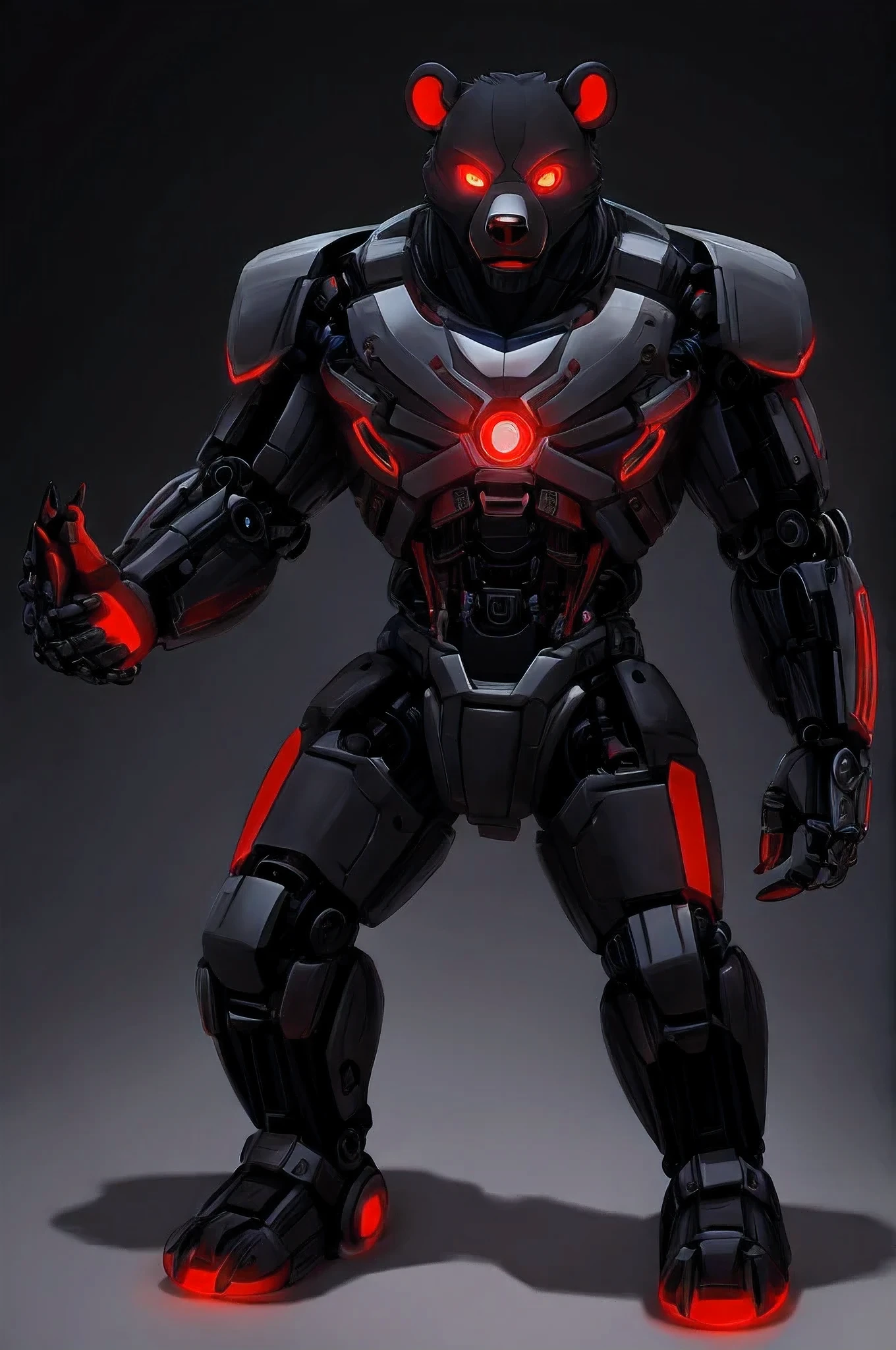 (character) Anthro cyborg black bear with mostly mechanical body, organic head with faceplates and red glowing eyes.