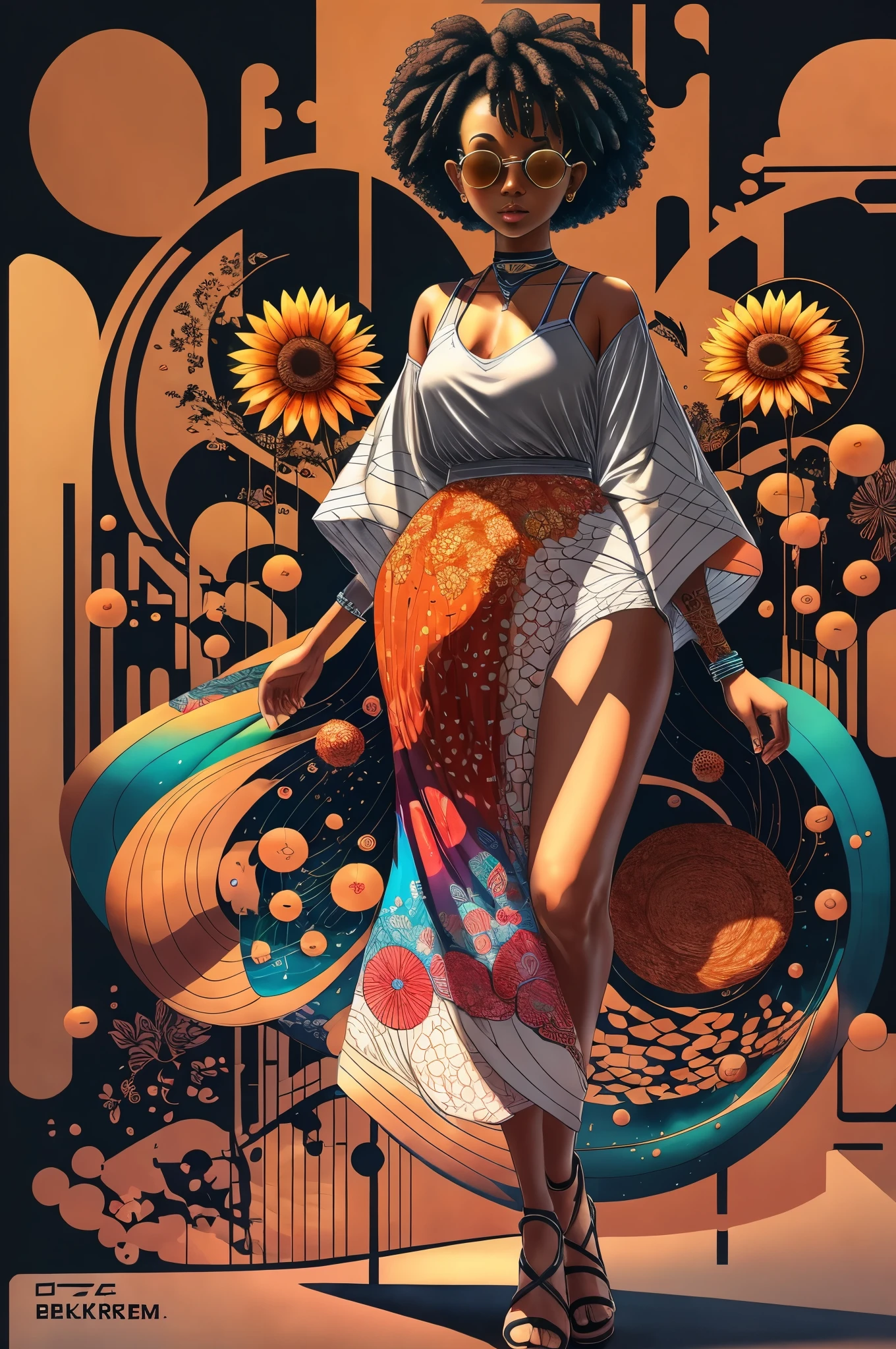 "Full body, vibrant water colors, ink drawing, beautiful cyberpunk Sudanese woman, wearing smart digital sunglasses, clean defined delicate features, stylish bohemian top and long skirt, colorful floral background, in the style of Afrofuturism