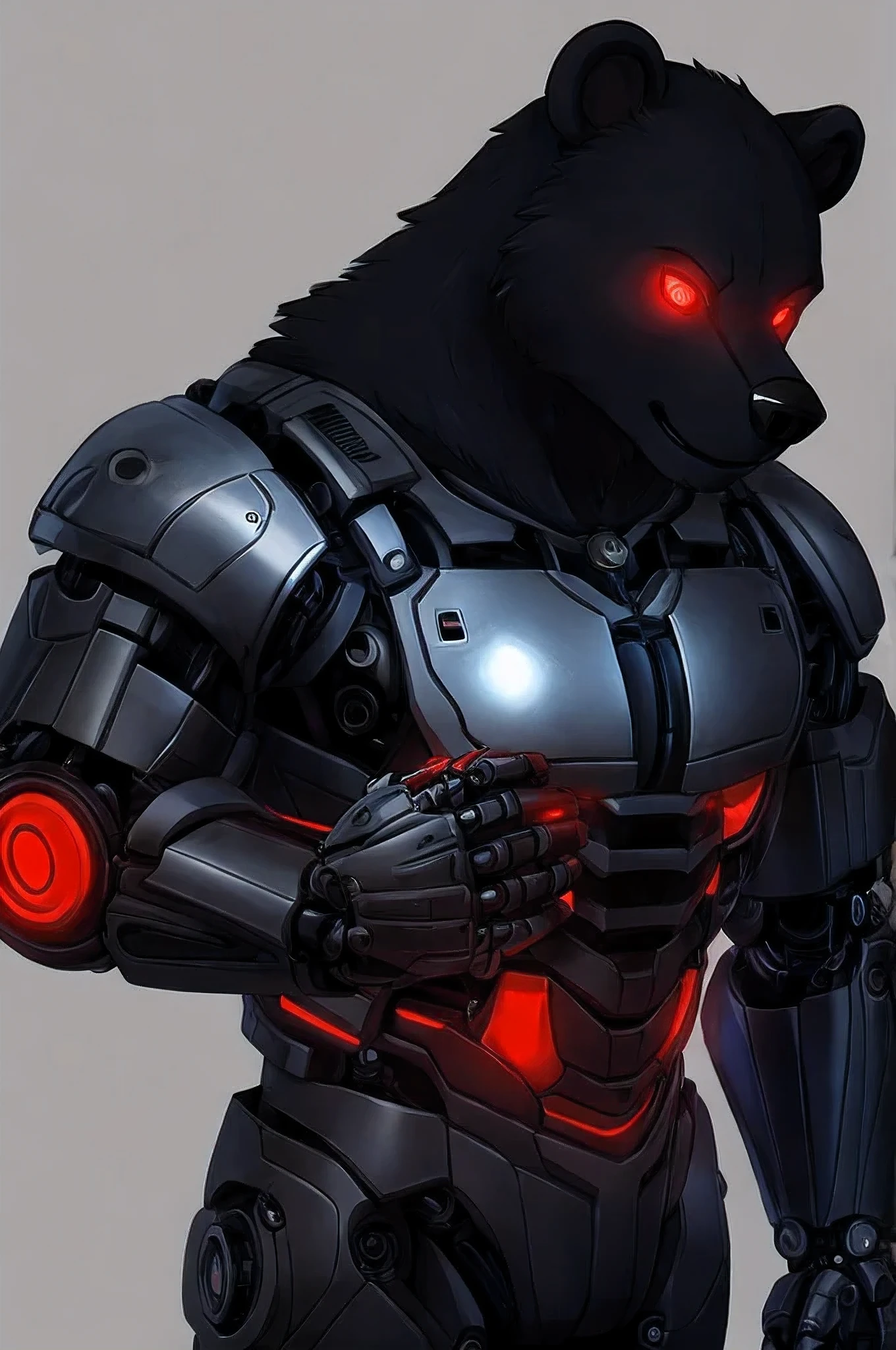 (character) Anthro cyborg black bear with mostly mechanical body (excluding head) with faceplates and red glowing eyes.