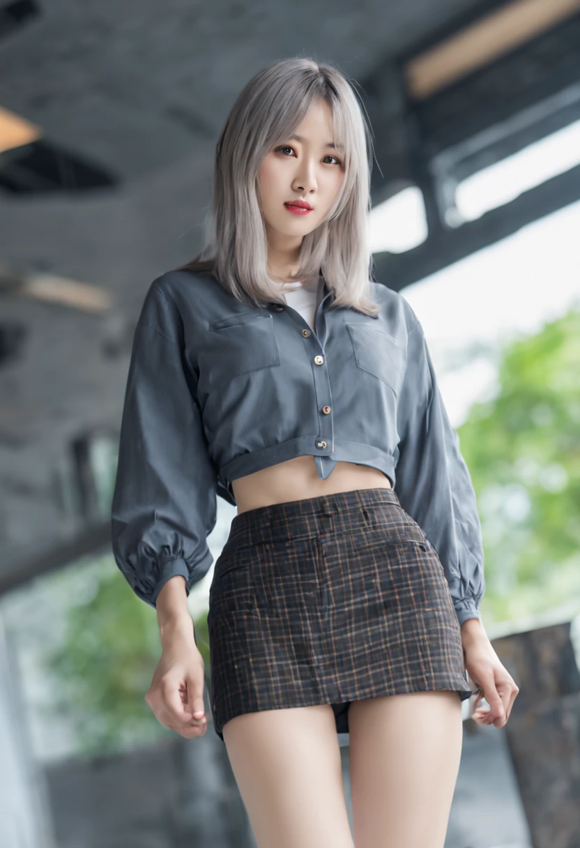 (highest quality, 4K, masterpiece :1.3),spread your legs wide、look at the audience、please be shy、get annoyed、high school girl、long bob cut(divide by forehead、bra(black)panties(gray、shift a little)Realistic、Raw photo、Please make your breasts look bigger、Seduce me more、Like a K-pop idol、Flip up your skirt to show your pants