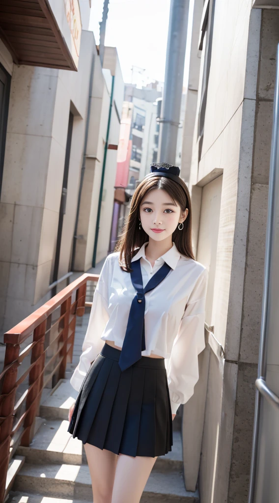 ((1 female、full body shot、take pictures of everything about her、perfect anatomy))、(Full body shot)、black eye、korean school uniform、summer school uniform shirt、ribbon tie、plaid mini skirt、light brown hair、stairs at school、stairs at schoolをかけ下りる、chest-up pose、Pose to show off your breasts、8k raw photo、High resolution、-yeld coKorean、very round chest、beautiful eyes、drawn in detail、long eyelashes beautiful double eyelids、eye shadow、eyeliner、narrow eyes、elongated eye shape、Three white eyes、evil smile、evil look、Beautiful and very thin legal and very thin thighs,、random short medium hair、tie hair at the back of the head、earrings、((Stretch one leg forward))、White school sock crown loafers