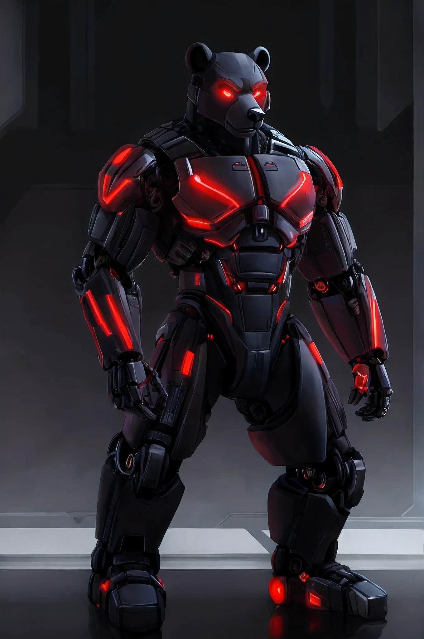 (character) Anthro cyborg black bear with mostly mechanical body (excluding head) with faceplates and red glowing eyes.