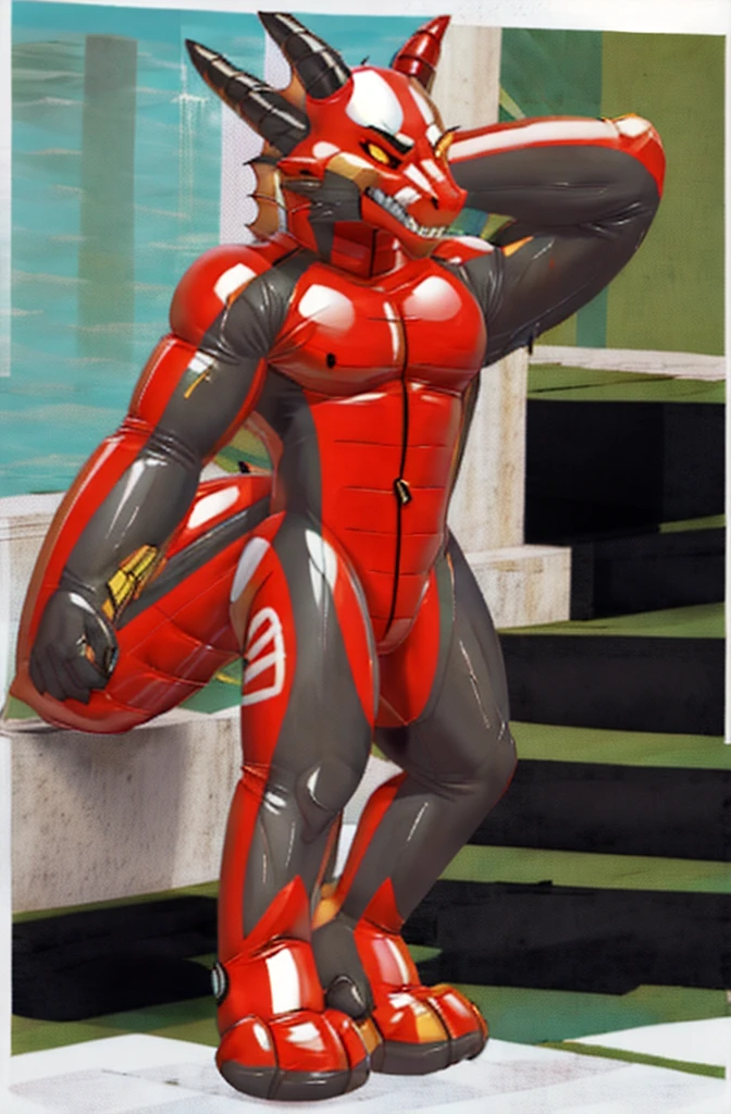 Ultra high resolution, extremely detailed raw photograph, close-up, (half transformation), human shiny smooth polyvinyl dragon inflatable suit hybridization metamorphosis, in gymnasium pool at night, (half human), ((((black red)))), ((liquid polyvinyl goo partial encasement)), human dragon inflatable suit hybrid, zipper open, plastic handlebars, air valve nozzle