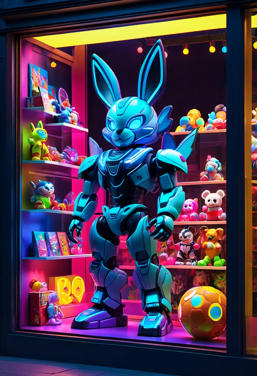 ultra detailed toy, Toy Store Window Display, colorful luminescence, bright neon colors, BREAK high quality render, ultra realistic shadows, photoreal, 8k, photorealistic