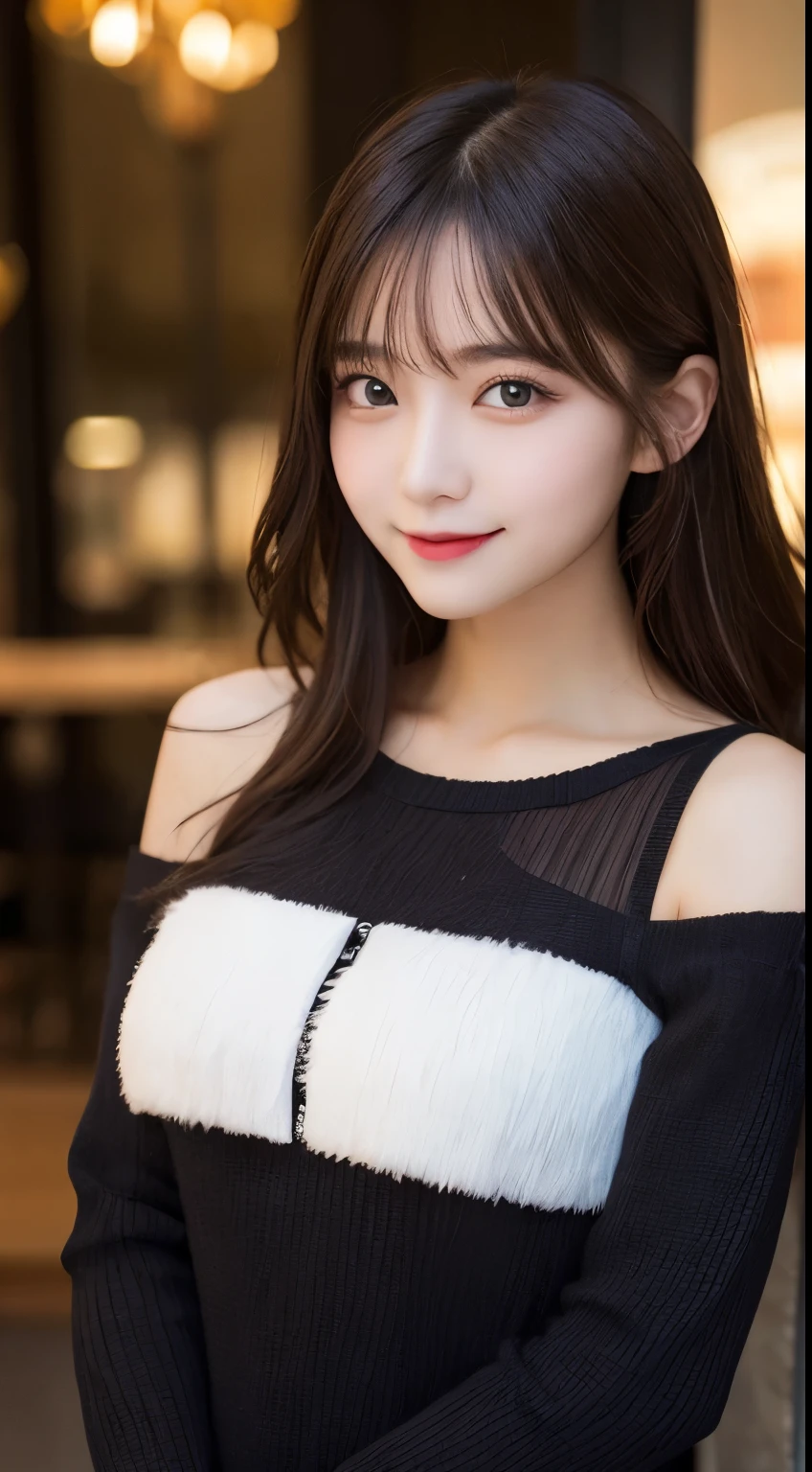 table top, highest quality, figure, super detailed, finely, High resolution, 8k wallpaper, 完璧なダイナミックな構figure, detailed and beautiful eyes, winter dress,medium hair, small breasts, natural color lip, random sexy poses,smile,big city、20 year old girl、midnight、beautiful and detailed face、perfect and beautiful face,Big eyelur the background、perfect and beautiful double eyelids