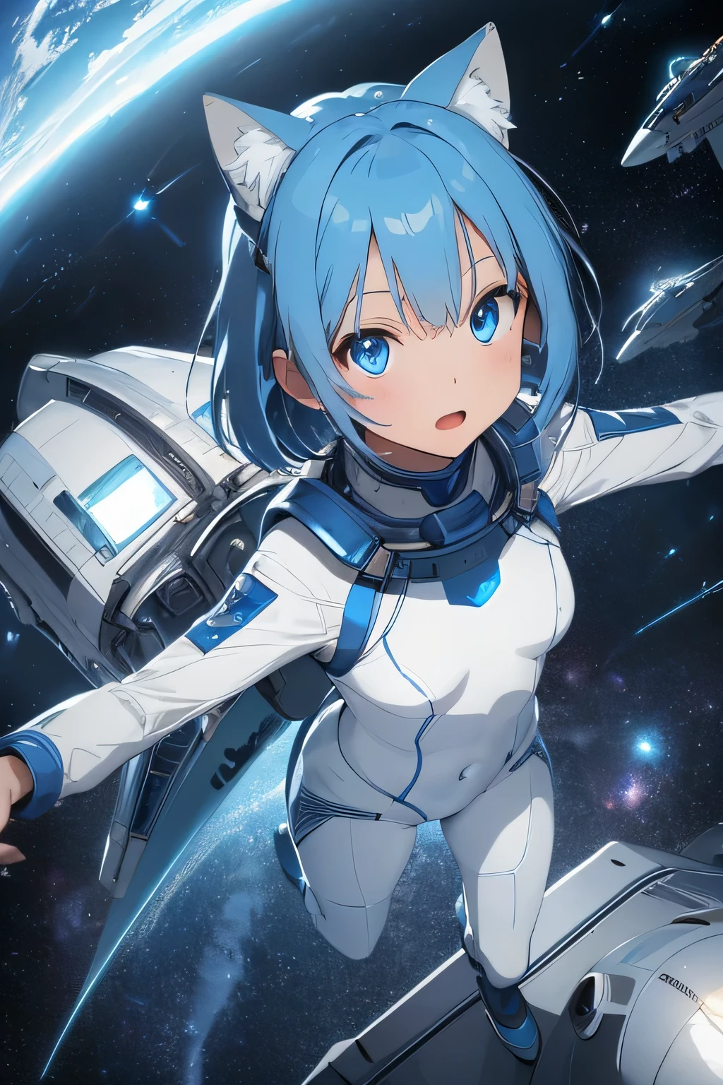 (8k, HDR, RAW photo, best quality, masterpiece:1.2, realistic lighting), Overhead view, Dynamic angle, girl on the spaceship, solo, (thin face), realistic beautiful face, very detailed face, poker face, (bob cuts hair), ((sky blue hair)), path traced hair, (sky blue cat ears), ((sky blue eyes)), beauty eyes, perfect symmetrical eyes, clear sparkling blue eyes, (flat chest), (small breast), wearing a full body spacesuit, (spacesuit helmet), (spaceship:1.3), detailed and complex busy background, surreal space, fantasy space, outer space