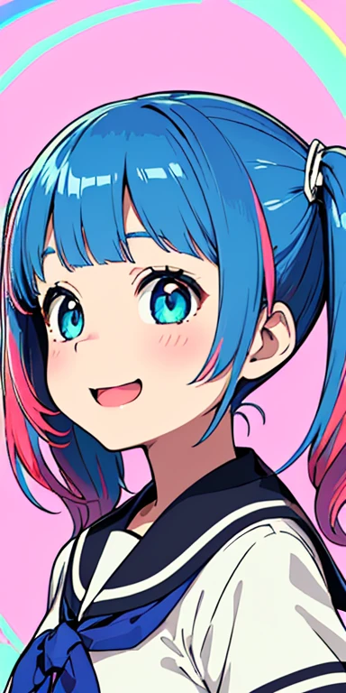 baby face, (colorful fluorescence multicolored  hair:1.5,short twintails:1.5), (masterpiece, sidelights, exquisite beautiful eyes: 1.5), masterpiece*portrait, realistic, ((Colorful background of different colors:1.5)),colorful,3D face,(cute face),front view: 1.6、 (glowing blue eyes),plump face:1.5,(tareme:1.5)、(laugh with your mouth wide open:1.2),()、Rosy Mouth,Slim Body, shiny hair, shiny skin: 1.5、medium breasts,、solo,(stand)、(high school girl,school uniform)、(charactor focus:1.5、portlate:1.5、eye focus:1.5,upper body),(Naughty:1.5)