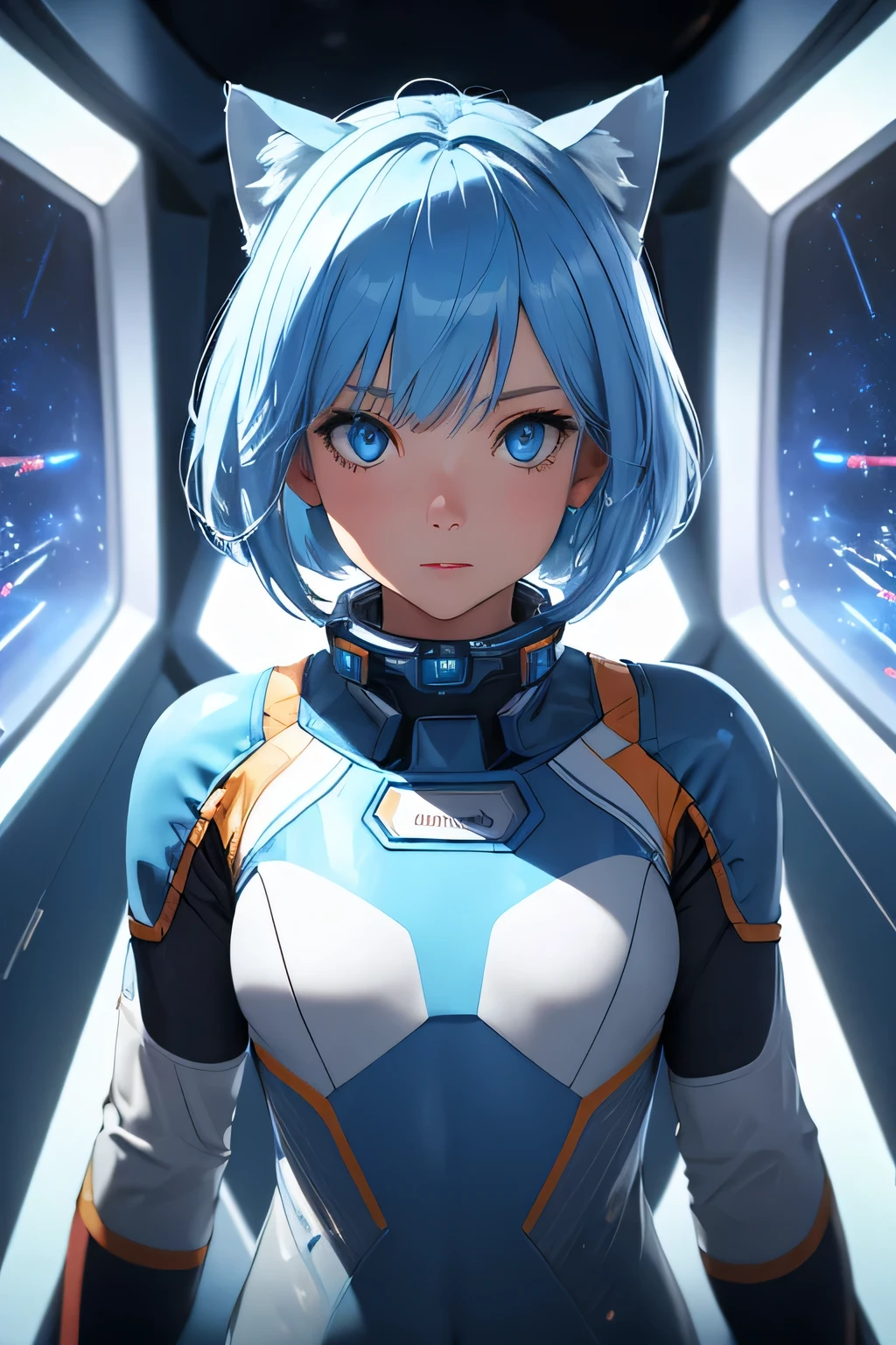 (8k, HDR, RAW photo, best quality, masterpiece:1.2, realistic lighting), overhead view, dynamic angle, girl on the spaceship, solo, (thin face), realistic beautiful face, very detailed face, poker face, (bob cuts hair), ((sky blue hair)), path traced hair, (sky blue cat ears), ((sky blue eyes)), beauty eyes, perfect symmetrical eyes, clear sparkling blue eyes, (flat chest), (small breast), wearing a full body spacesuit, (spacesuit helmet), (spaceship:1.3), detailed and complex busy background, surreal space, fantasy space, outer space