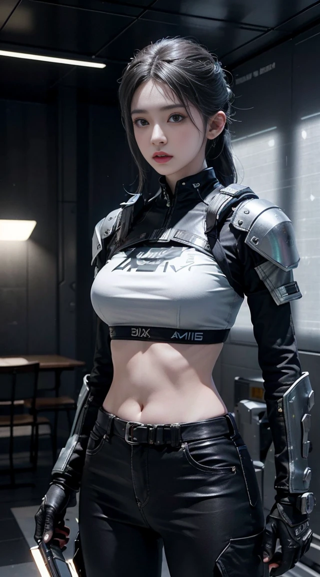 una mujer en uniforme sosteniendo una pistola y una pistola, xianxia de cuerpo completo, photograph of a woman in technological clothing, inspirado en Leng Mei, toda la ropa negra cyberpunk, con un traje de mercenario del espacio oscuro, personaje principal femenino, chica cyberpunk de pelo negro azabache, ropa de moda ciberpunk, cyberpunk 2 0 years. o model girl, ropa de moda ciberpunk
