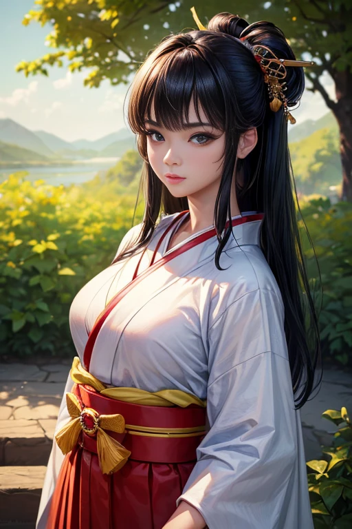 ((Top Quality, 8K, Masterpiece: 1.3)), Sharp Focus: 1.2, (Super Beautiful Face: 1.0), (Glossy Skin: 1.0), Realistic Photos, Black Hair, Realistic Pupils, Movie Lighting, Highly Detailed Eyes and Face, Movie Lighting,  (Cowboy Shot: 1.0),  (kimono, hakama, obi: 1.15),　(Korean Cute Actress), in nature, classic kimono,