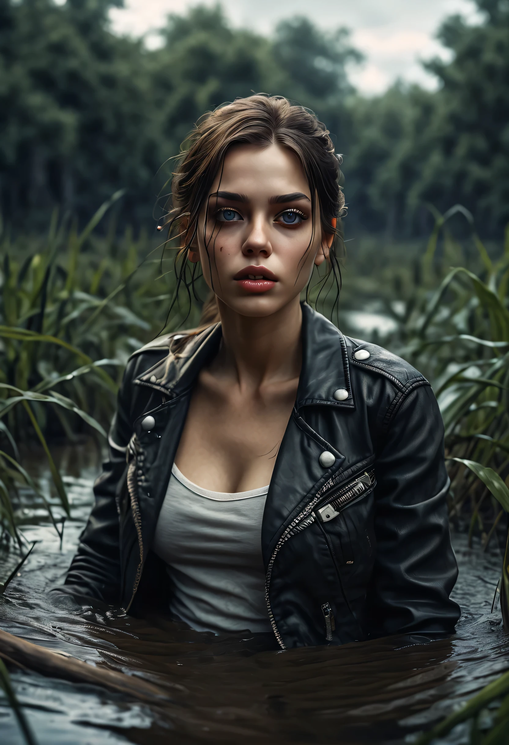 (best quality,4k,8k,highres,masterpiece:1.2),ultra-detailed,(realistic,photorealistic,photo-realistic:1.37),portraits,detailed eyes,detailed lips,long eyelashes,beautiful girl,drowning in a swamp,closed eyes,swamp water,chest,floating,illustration,jeans,leather jacket,sexy expression,mysterious atmosphere,dark tones,subtle lighting,vivid colors