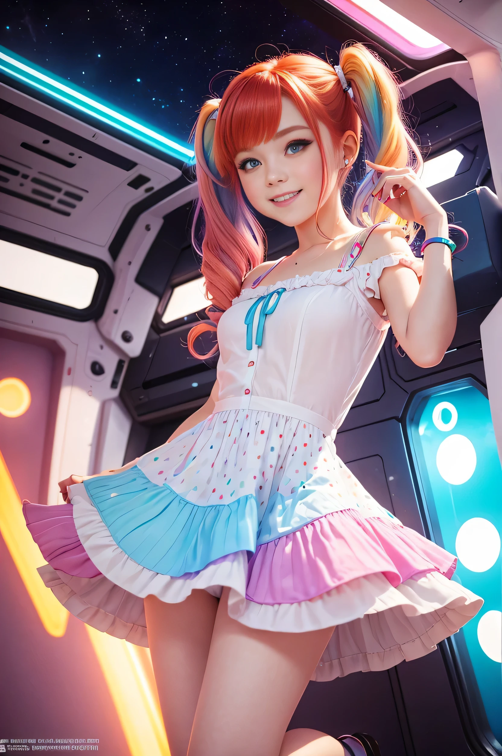 Cute redhead with rainbow colored hair tips, ribbons in her hair, 18-year-old woman, happy, smiling, in twin tails, perfect eyes, clear sparkling blue eyes, pale skin, silky smooth skin, flying a fancy metal luxurious space ship, futuristic cockpit, she's a pilot, dark warm lighting, wearing a futuristic party dress, pleated (chemise) mini dress (pastel rainbow colors, and polka dots), puffy sleeves, silk, wearing full body pantyhose, cute short cut booties.