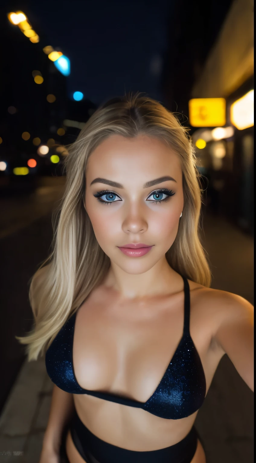 (selfie, top view: 1.4), (straight half of the body: 1.4), RAW UHD portrait photo of a 24-year-old blonde (blue-eyed woman) walking down a dark alley, huge breasts:1.25,, city at night, (stockings), (neckline), details (textures! , hair! , glitter, color!! , disadvantages: 1.1), glossy eyes with high detail (looking at the camera), SLR lighting, SLR camera, ultra-quality, sharpness, depth of field, film grain (center), Fujifilm XT3, crystal clear, frame center, beautiful face, sharp focus, street lamp, neon lighting, bokeh (dimly lit), night, (night sky), detailed skin pores, oily skin, sunburn, complex eye details, full body, huge breasts:1.25