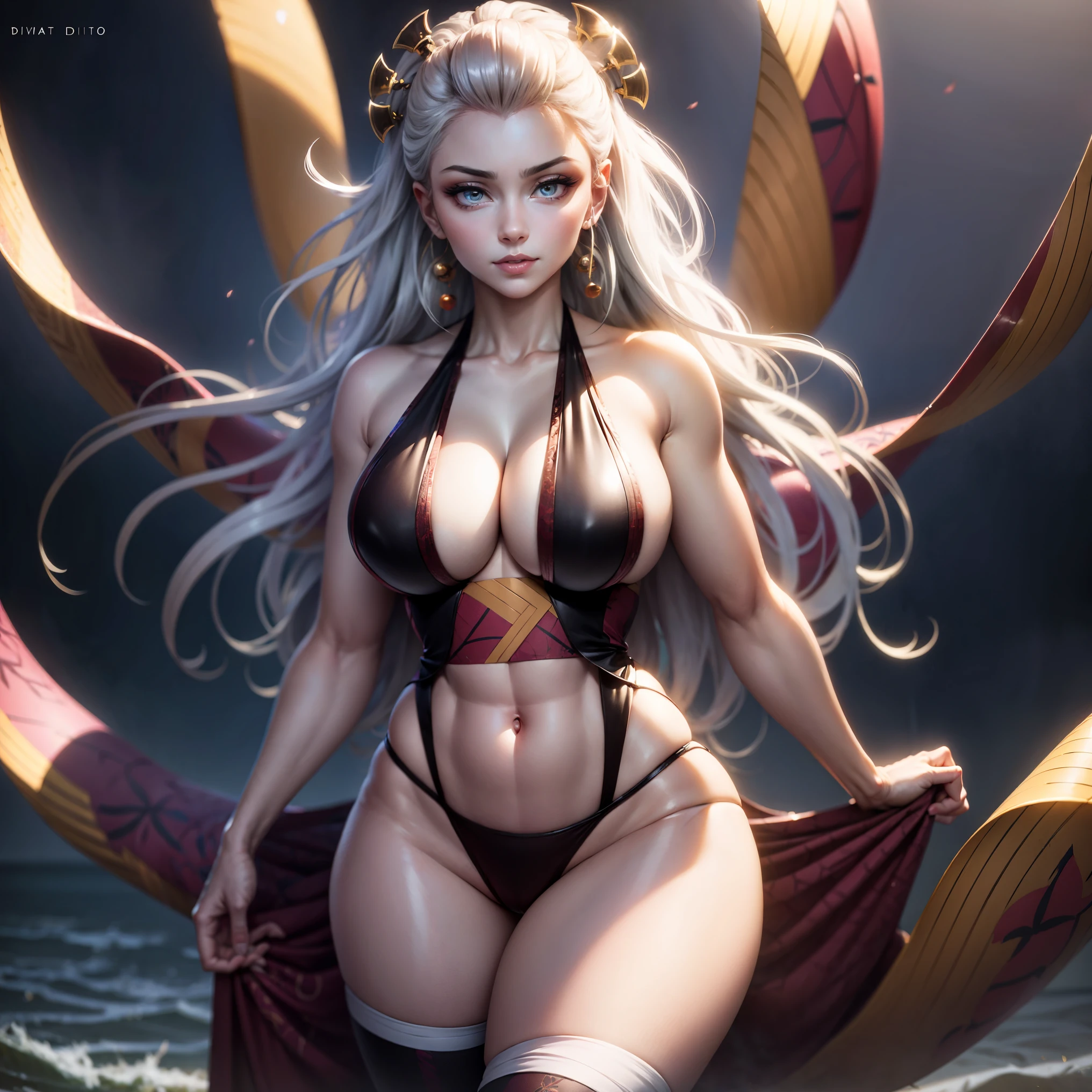 (masterpiece), best quality, expressive eyes, perfect face,Daki from demon slayer in sexy bikini 30 year old women seductive body big breasts big thigs facing towards screen  parted lips  feminine figure body in  bikini, Lockhart beautiful expressive eyes ,  4k backlighting smirky face full body sexy 