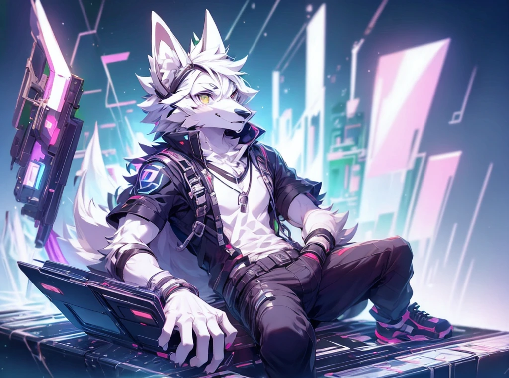 cyber punk perssonage，epcot，Tech style，solo person，White body，White ears，White hair，Overall white，Orange-yellow eyes，Wolf tail，Wolf orcs，Young，Wear a short-sleeved shirt，Ultra-clear screen，Soft lines