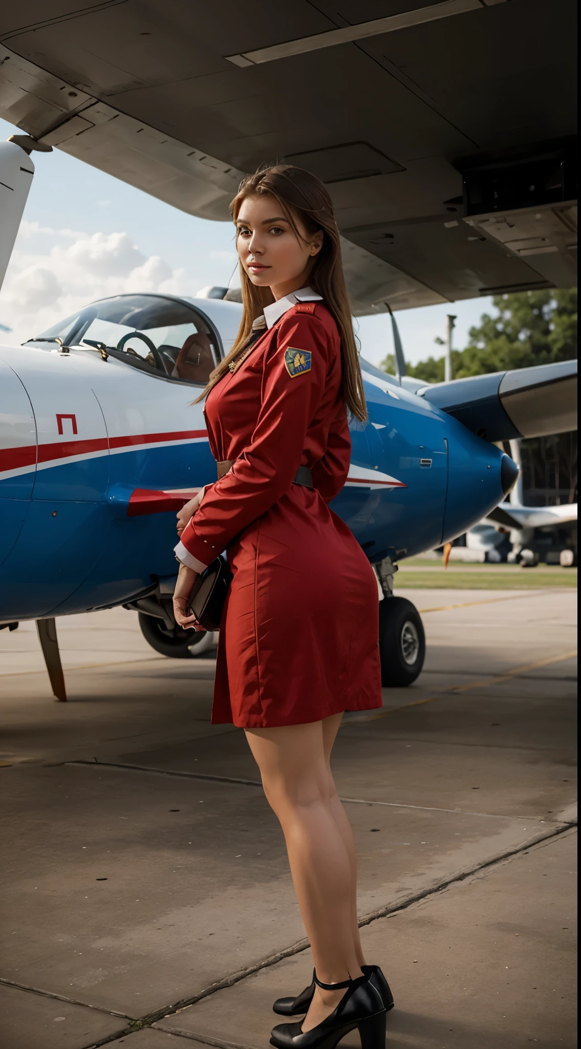 20 years old Russian stewardess red stewardess dress Realistic airplane background, Her back is turned, her skirt is up and her thong is visible