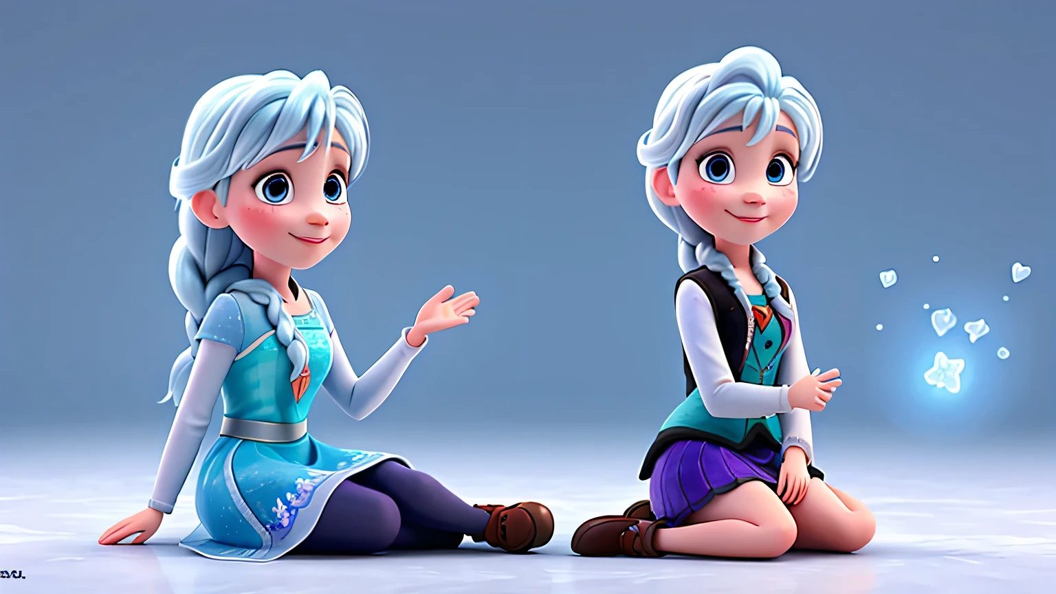 3D art like "Frozen", A girl is sitting, smiling and waving her hand