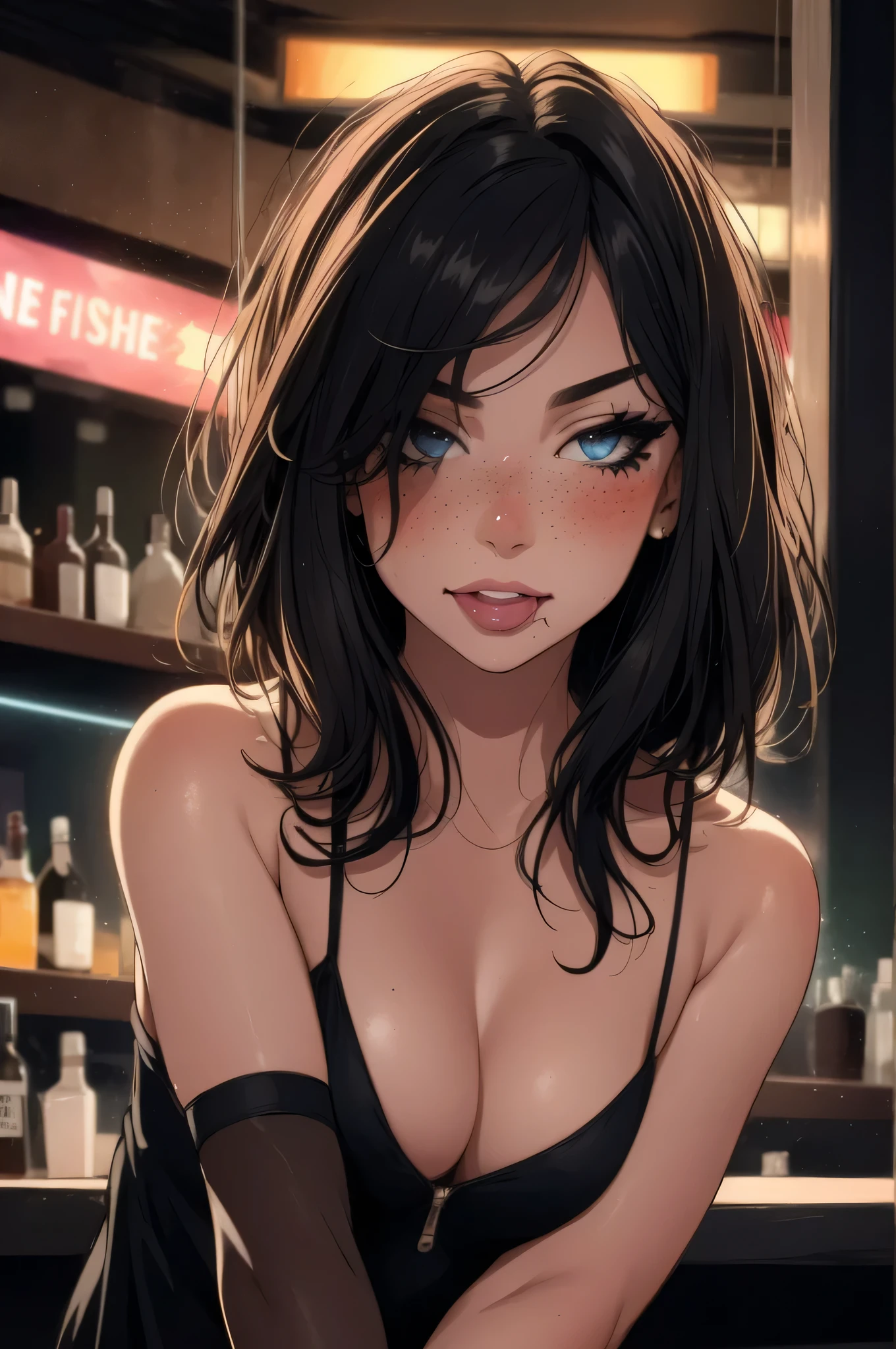 girl at a nightclub sitting at bar, eyeliner (masterpiece) (best quality) (detailed) (8k) (HDR) (wallpaper) (cinematic lighting) (sharp focus) (intricate) freckles, biting lip, short hair, slutty outfit, sexy, blush, aroused, cleavage, shiny boobs, wet skin, girl simulating fellatio, fellatio_gesture, FellatioGesture, girl pretending to stroke penis