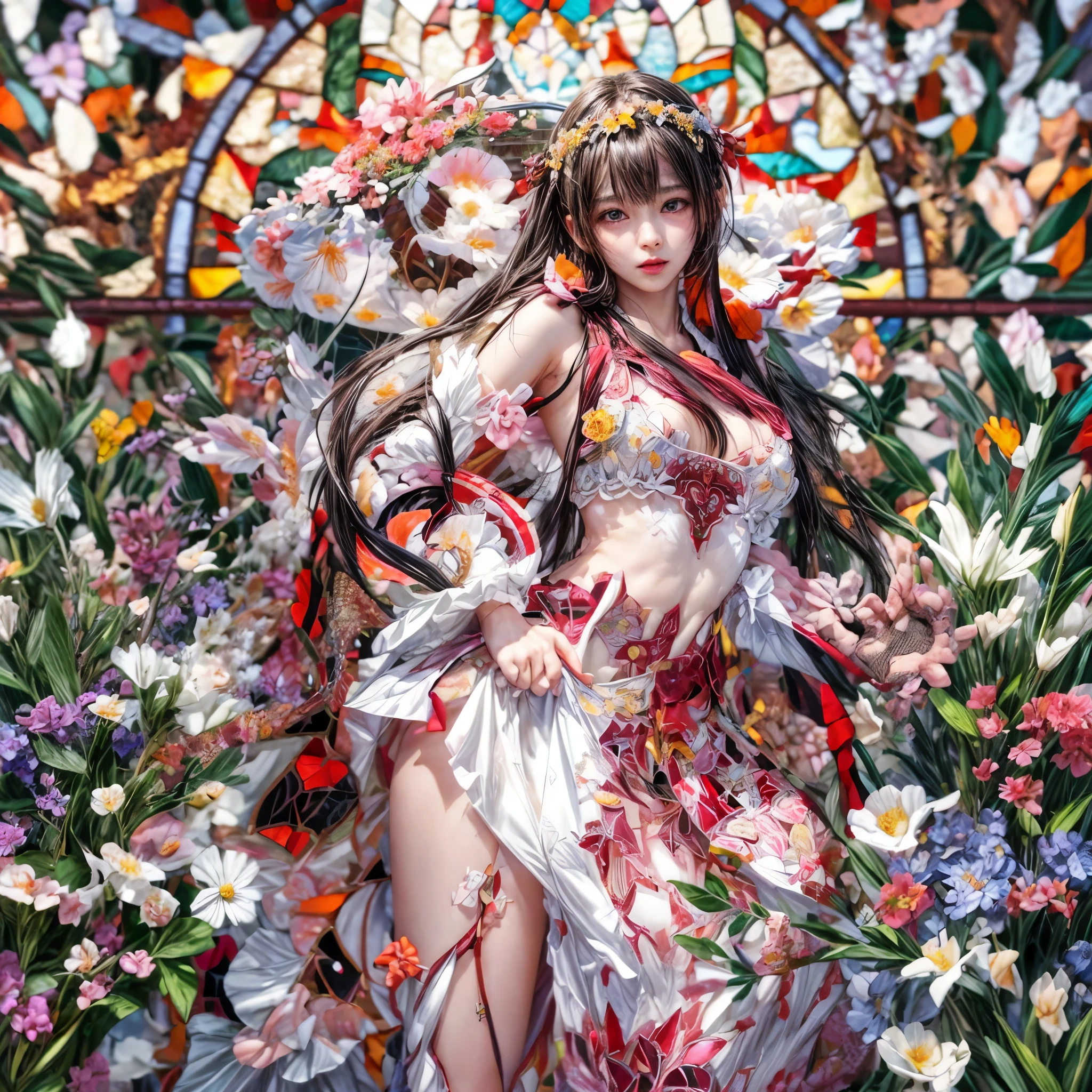 White and Red, Masterpiece, (physically-based rendering with ultra-detailed, (realistic and (photorealistic:1.37) with touch of rawness), Acutance:0.8) . A group of KAWAII girls in opened Cut-off uniform with Cleavage . (((extremely detailed KAWAII face variations)) with joyful expressions), { Navel | pretty Ass | (Overflowing underboob) | White panties with (blood seeping only in crotch area) | (full of Flowers covering girl's body) | ((Dazzling colorful stained glass with stunning elaborate details:1.2)) | A Dazzling Halo Floating above girl's head } . (Exposed:1.2), ((nipple:-0.9)), (not Detailed fingers:-0.9) .